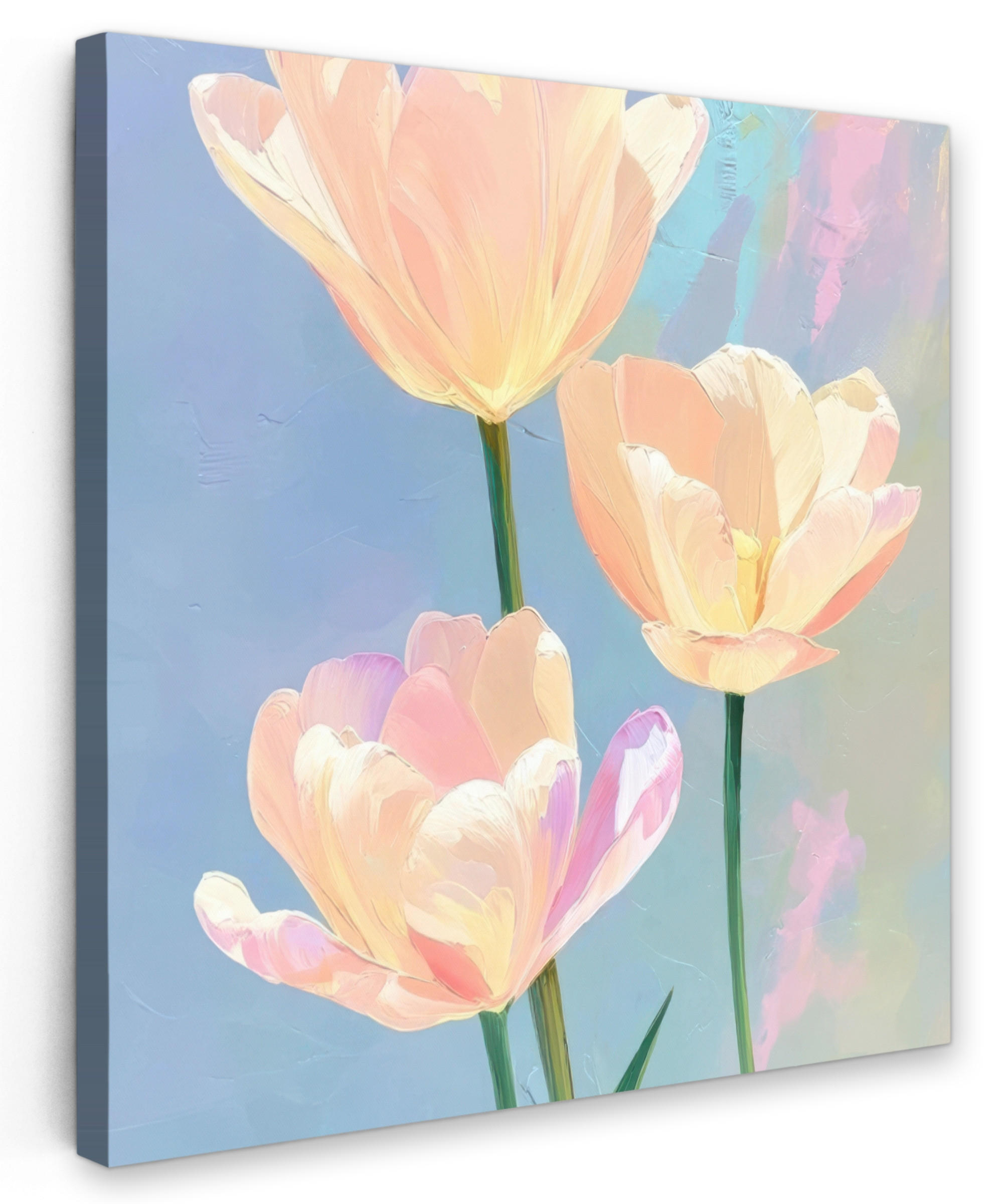 LEINWANDBILD Tulpen - Rosa Akzente - Blau Wandbild Wohnzimmer 50x50 cm - Pastellblau, Textil (50/50cm) - MuchoWow