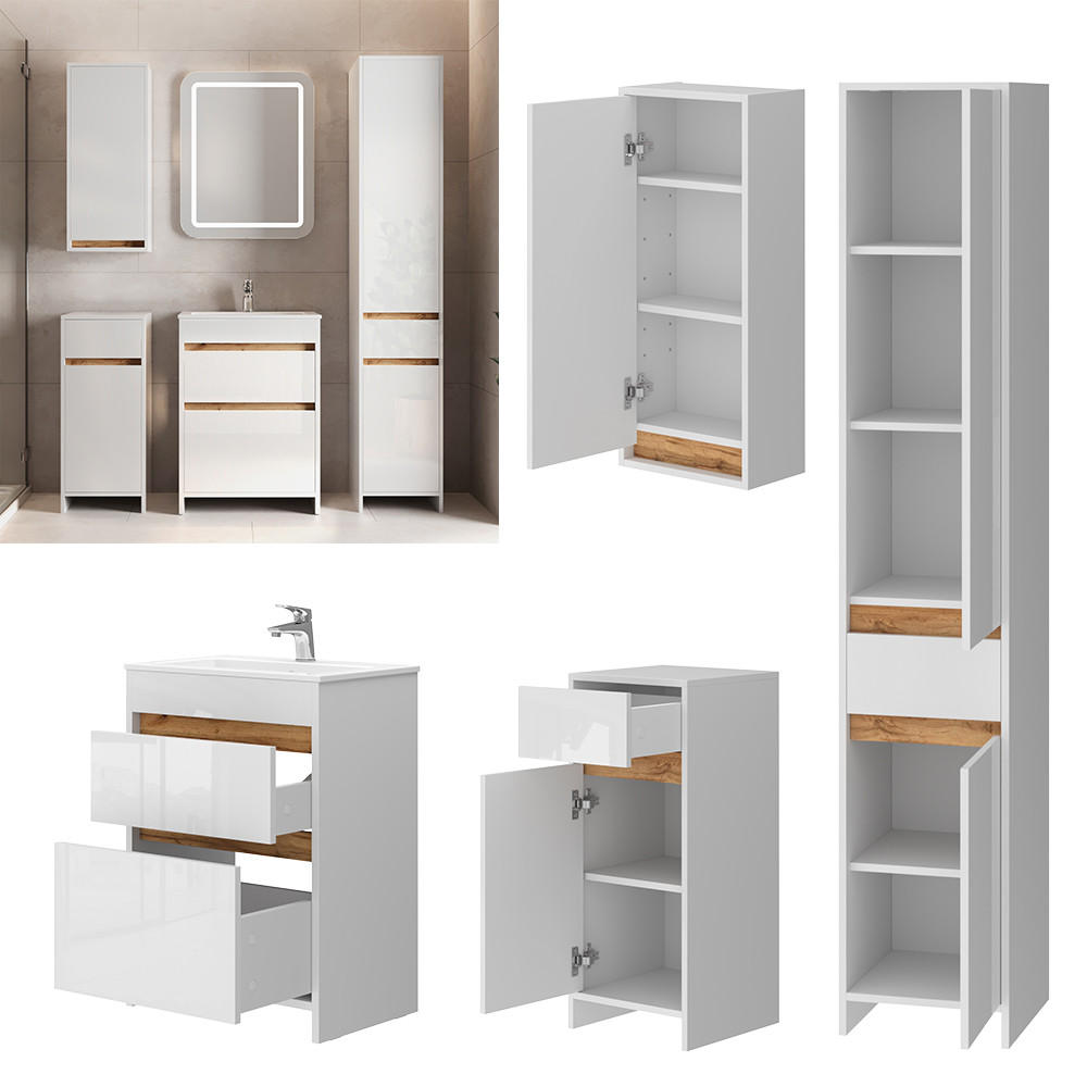 BADMÖBEL Detmold Weiß Hochglanz/Goldkraft Eiche 5er-Set - Honigeiche/Weiß Hochglanz, Holzwerkstoff (60/82/40cm) - Vicco