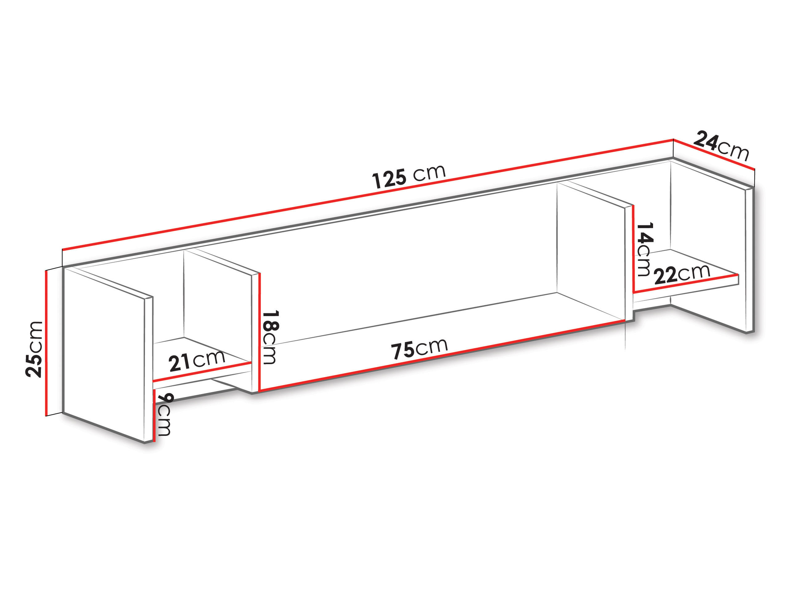 Thumbnail - Wandregal, Eiche, Schwarz, Holzwerkstoff, 125x25x24 cm, Wohnzimmer, Regale, Wandregale