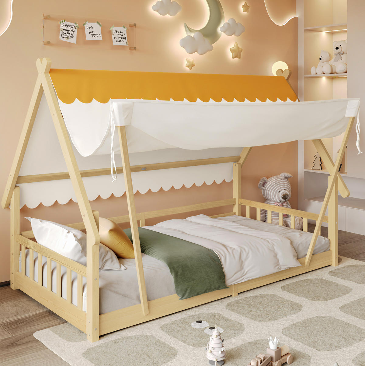 HAUSBETT aus Kiefer und Sperrholz 90x200 cm Weiß/Natur mit abnehmbarem Zelt und Sicherheitsgeländer - Weiß, Holzwerkstoff (90/200cm) - Modfu