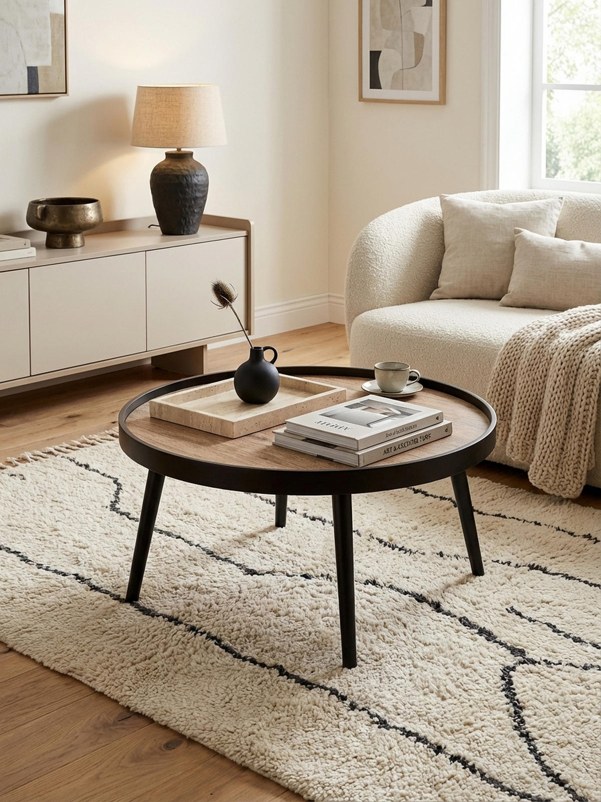 COUCHTISCH in Holzoptik, Rund mit Erhöhtem Rand und Ablagefläche - Schwarz, Holz (76/76/40cm) - KADIMA DESIGN