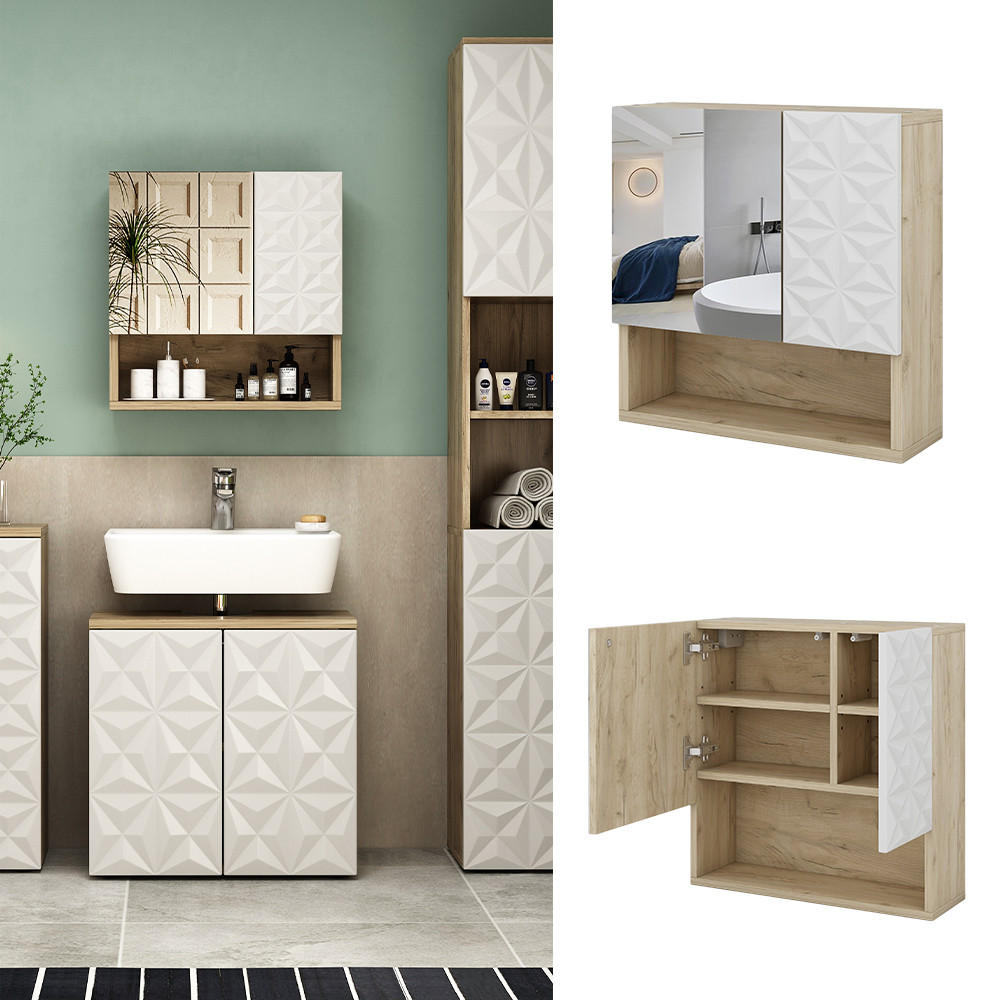 BADSPIEGELSCHRANK Edge Weiß 54 x 55 cm mit Tür und offenen Fächern - Eichefarben/Weiß, Holzwerkstoff (54/55/17cm) - Vicco