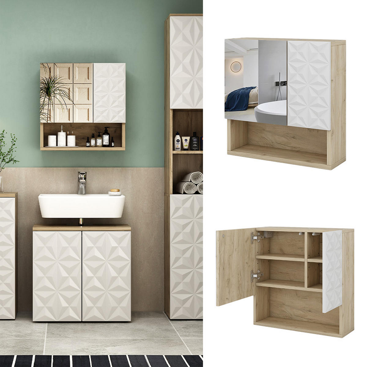 BADSPIEGELSCHRANK Edge Weiß 54 x 55 cm mit Tür und offenen Fächern - Eichefarben/Weiß, Holzwerkstoff (54/55/17cm) - Vicco