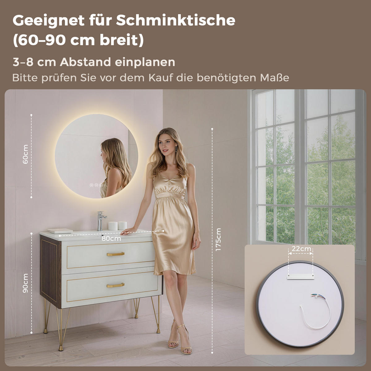 BADSPIEGEL MIT BELEUCHTUNG 60 cm Rund mit dimmbarer LED-Beleuchtung und Antibeschlag - Transparent, Glas (60/60/3.5cm) - S'AFIELINA