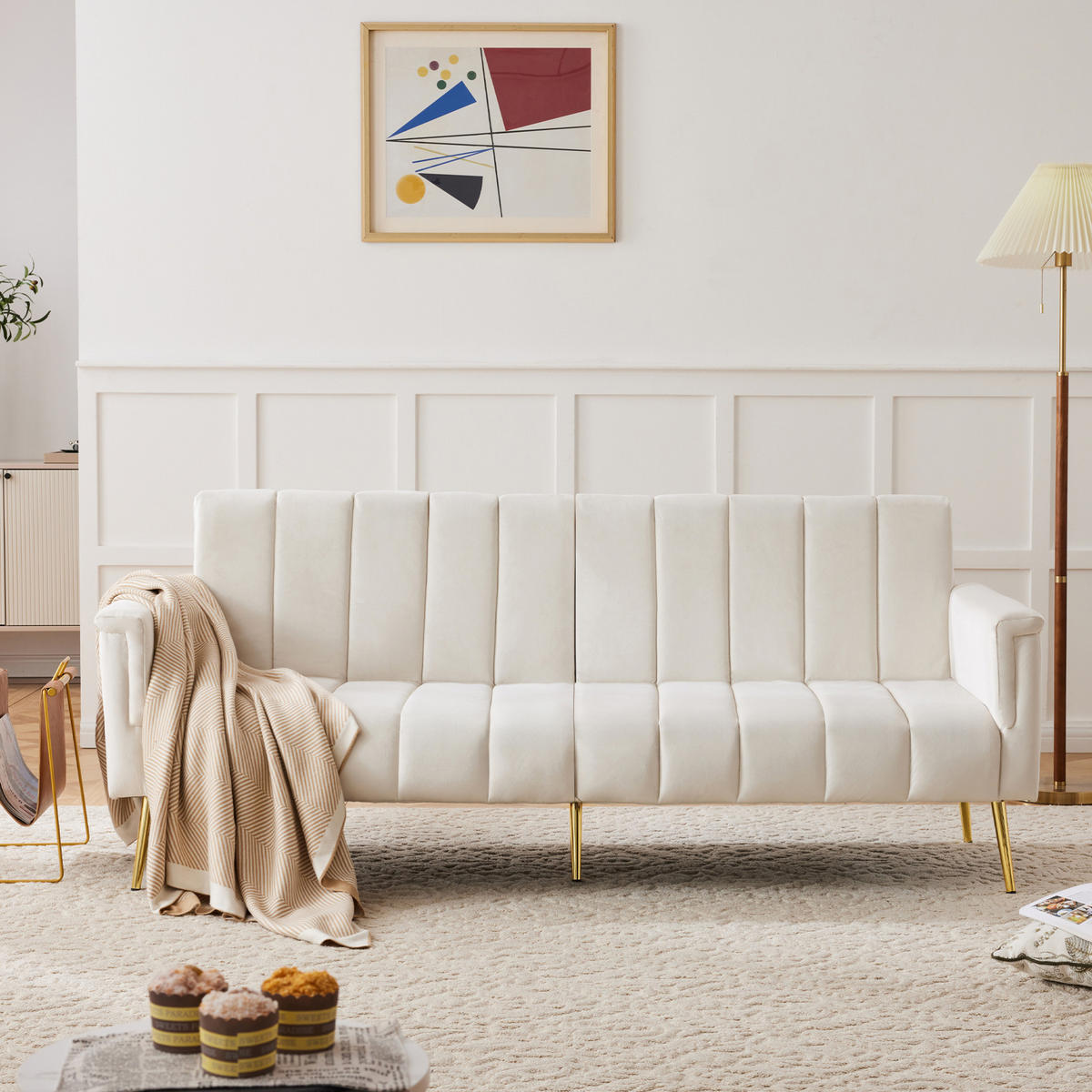 SCHLAFSOFA, Samt mit verstellbarer Rückenlehne & Armlehnen, 183/76/75 cm, Beige - Beige, Textil (76/75/183cm) - Redom