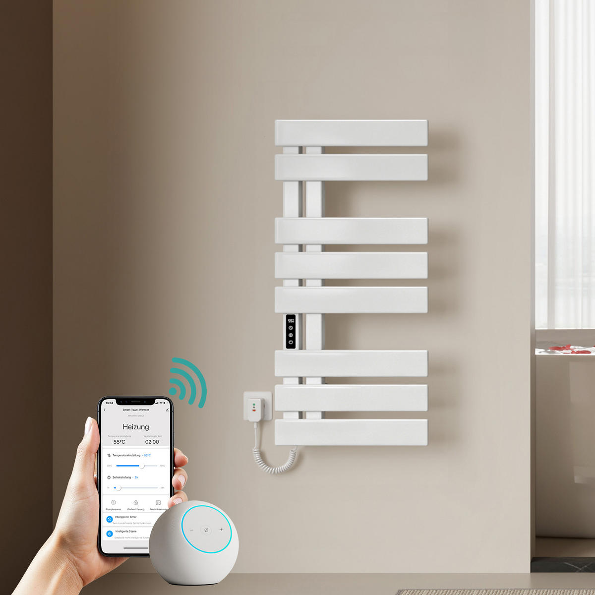 HANDTUCHHEIZKÖRPER Elektrisch mit Thermostat, App- und Sprachsteuerung Weiß 85/40 cm - Weiß, Metall (40/85/11cm) - EMKE