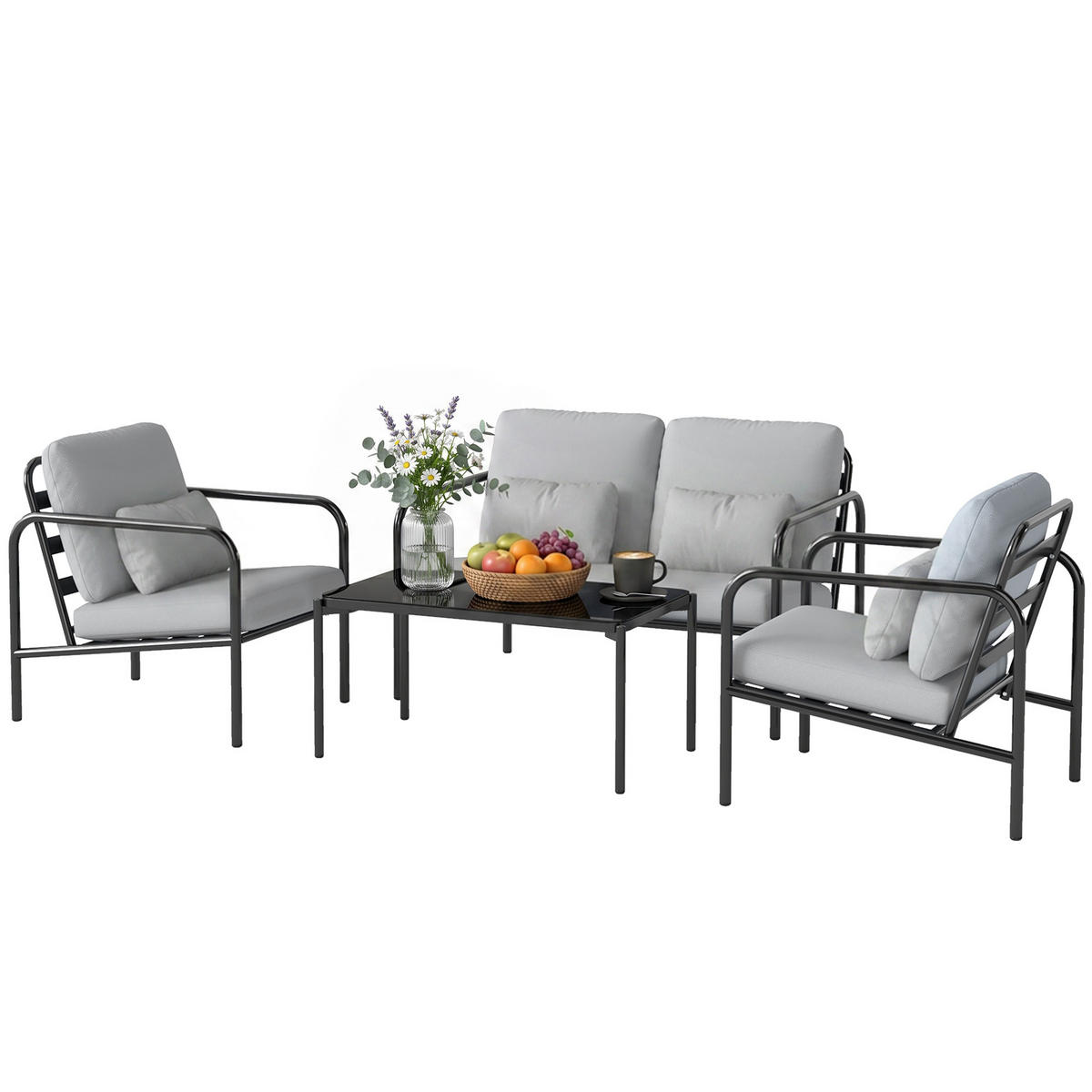 GARTENMÖBEL-SET, Stahl 4-teilig Doppelsofa, hellgrau - Grau, Metall - Vallsero