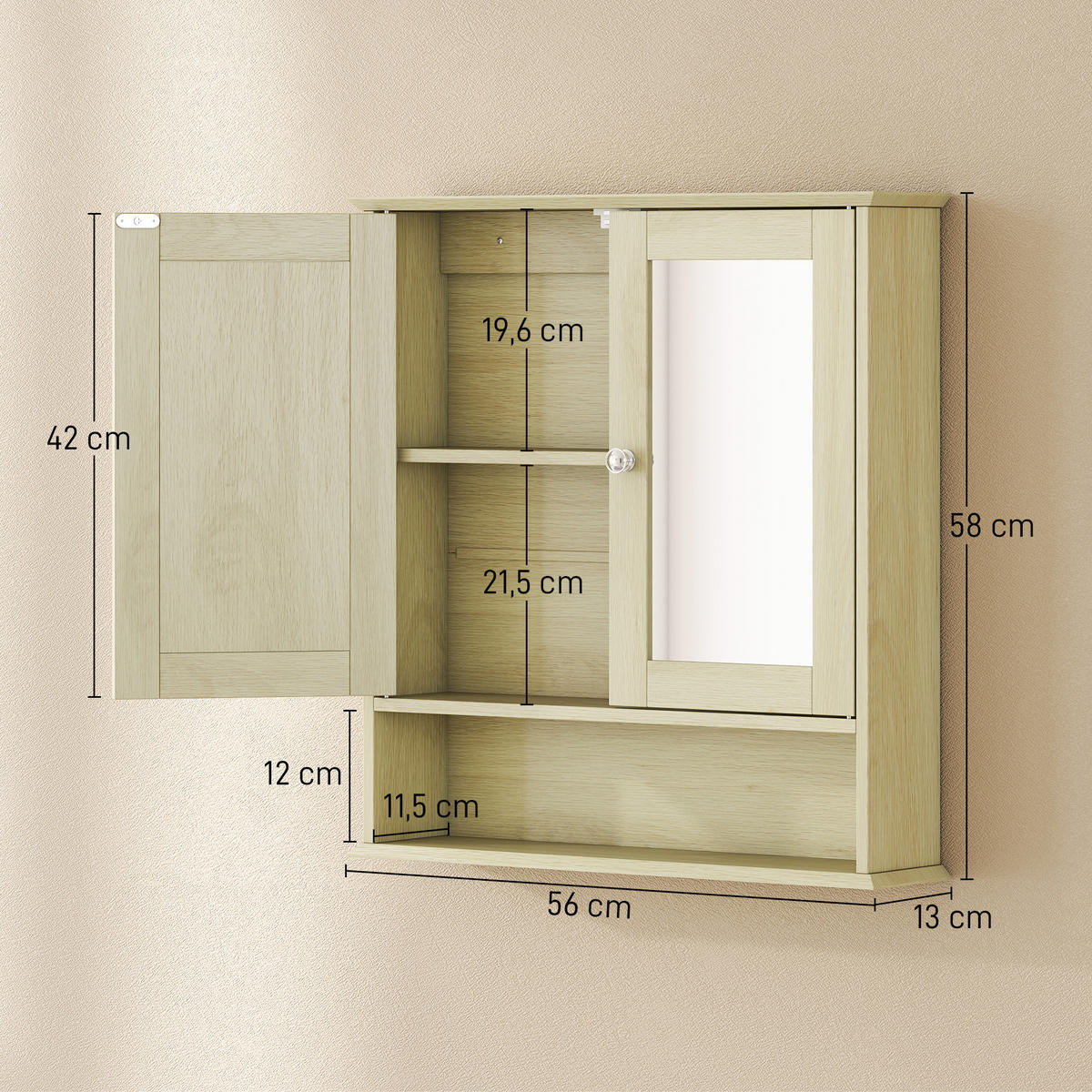 SPIEGELSCHRANK, Badezimmermöbel mit doppelten Spiegeltüren,56 x 13 x 58 cm - Braun, Glas (56/58/13cm) - Vallsero
