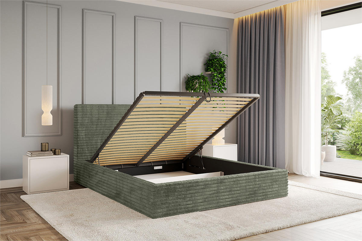 POLSTERBETT mit Bettkasten und Lattenrost, Boxbett ohne Matratze - ALOVA - Olivgrün, Holzwerkstoff/Textil (120/200cm) - ALTDECOR