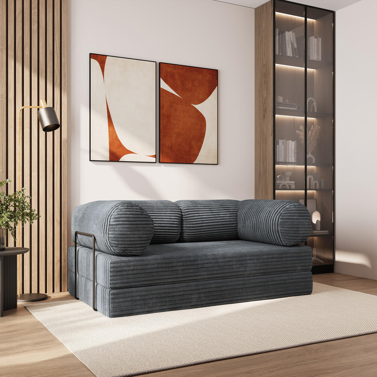 BETTSOFA ALVIO aus Schaumstoff Cordstoff Grau Schlaffunktion - Dunkelgrau, Textil (170/68/80cm) - MASSENO