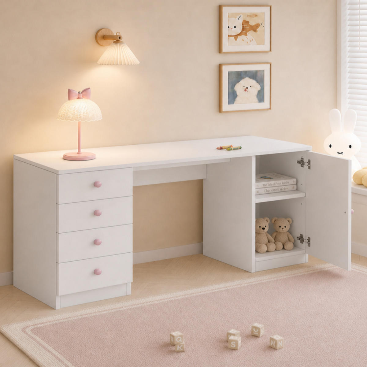 RADNI STOL 155/45/75 cm s 4 ladice, policom i keramičkim ručkama u bijeloj boji - bijela/prirodne boje, drvni materijal (155/75/45cm) - CHICFURN