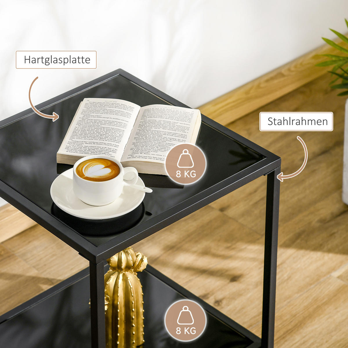 BEISTELLTISCH mit gehärteten Glasplatten - Schwarz, Glas (40/40/50cm) - HOMCOM
