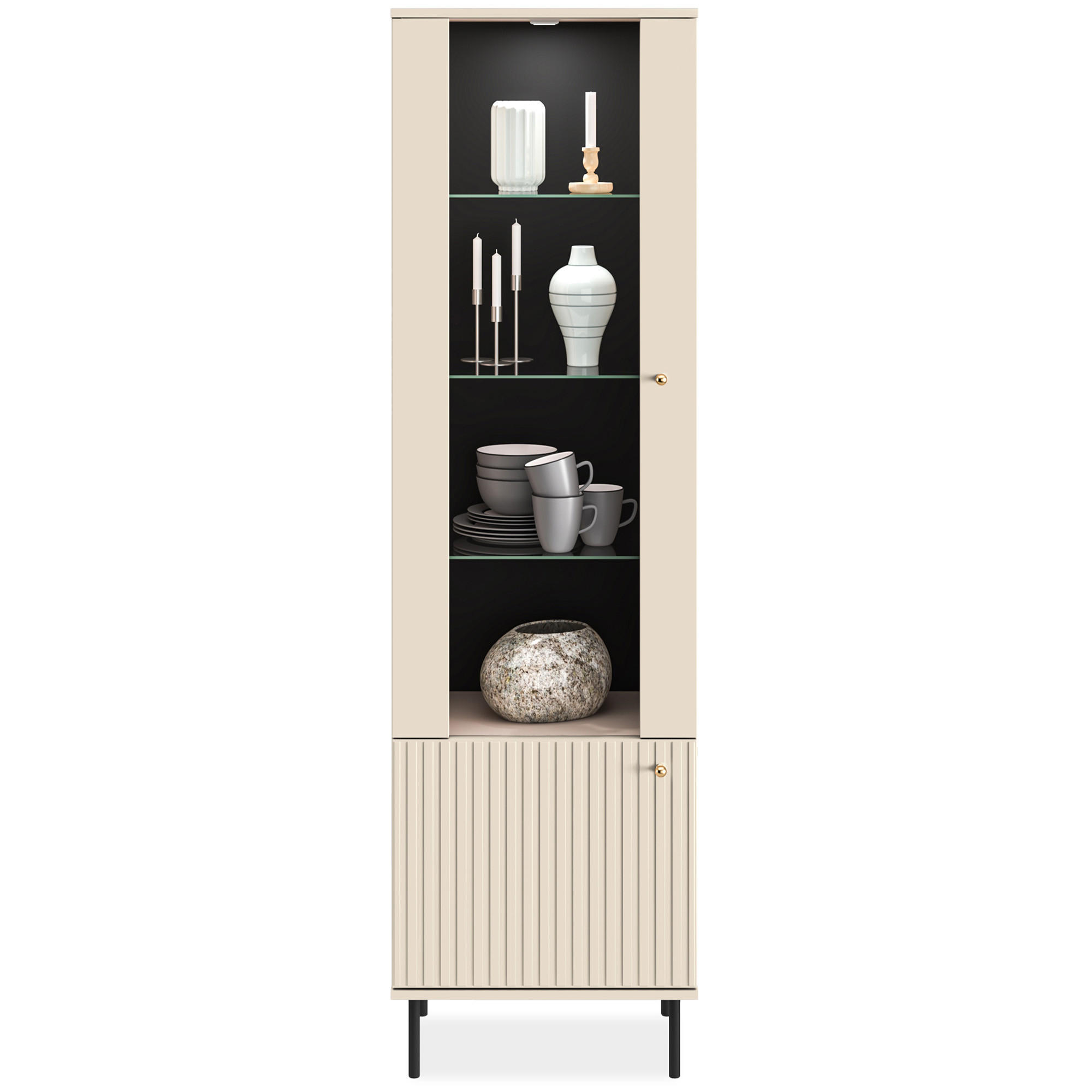 VITRINENSCHRANK DROMA inklusive Beleuchtung, Creme - Creme, Holz (55/190/40cm) - KONSIMO®