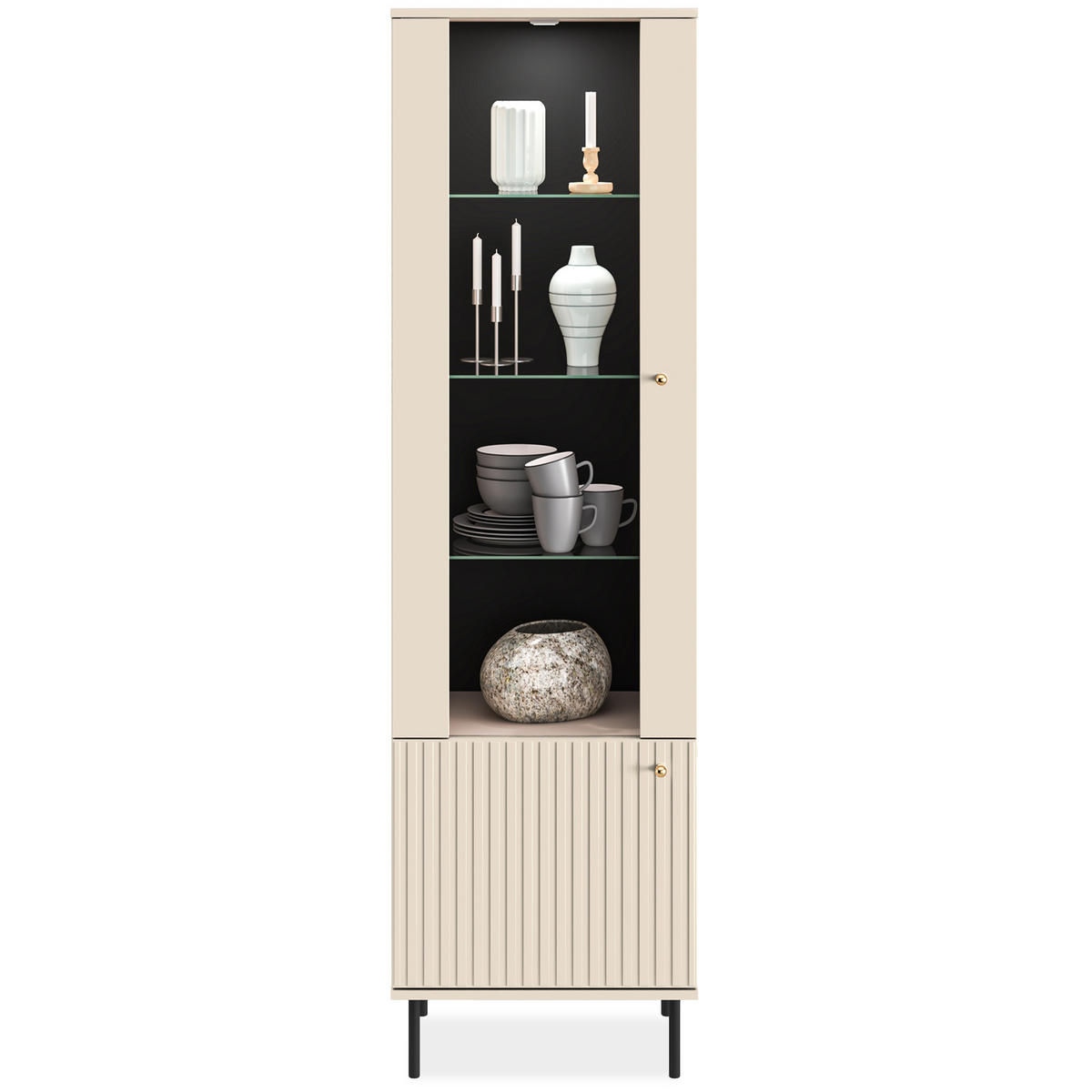 VITRINENSCHRANK DROMA inklusive Beleuchtung, Creme - Creme, Holz (55/190/40cm) - KONSIMO®