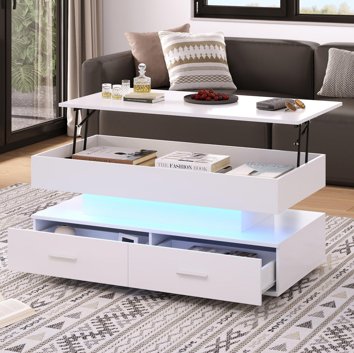 COUCHTISCH höhenverstellbar 100 x 50 x 44 cm Weiß mit LED und 2 Schubladen - Weiß, Holzwerkstoff (100/50/44cm) - Meubliv