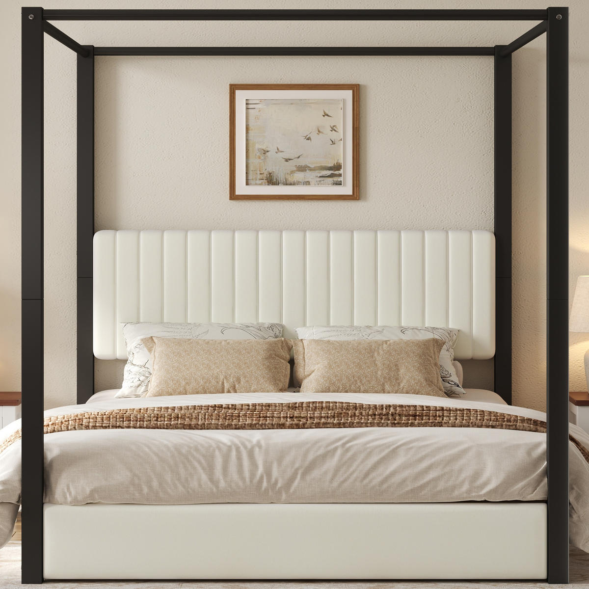 POLSTERBETT 180/200 cm in Beige & Schwarz mit Gepolstertem Kopfteil Samt Himmelbett - Beige/Schwarz, Holzwerkstoff/Textil (180/200cm) - STILVORA