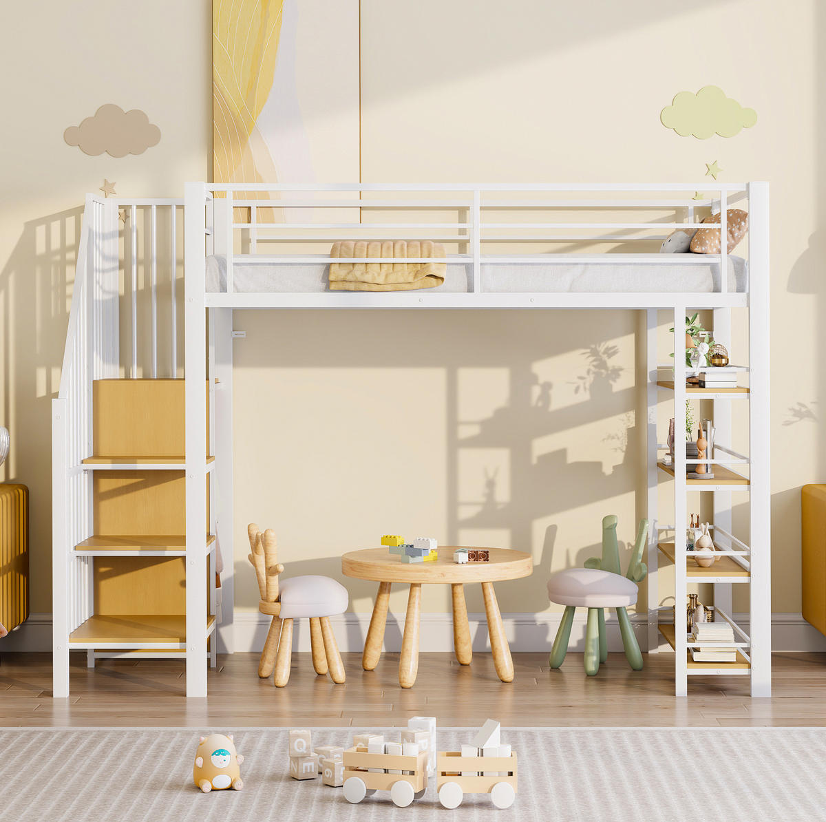 HOCHBETT 90/200 cm aus Metall und MDF mit Treppe, Kleiderschrank und Regalfächern Weiß - Weiß, Metall (90/200cm) - Modenvie