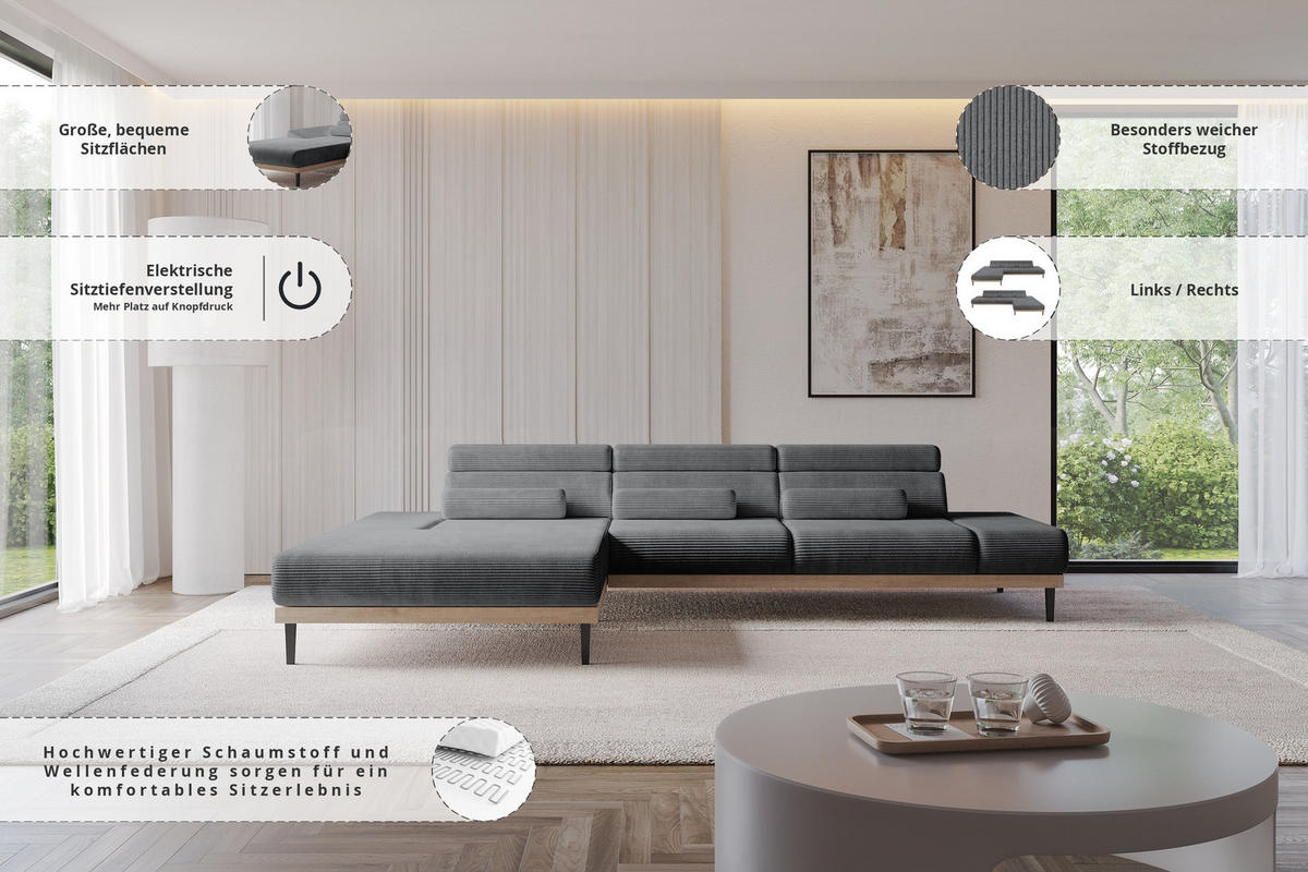 ELEKTRISCHES ECKSOFA Links MONA 316x205x85 Dunkelgrau Cord - Dunkelgrau, Holzwerkstoff/Textil (316/205cm) - ALTDECOR