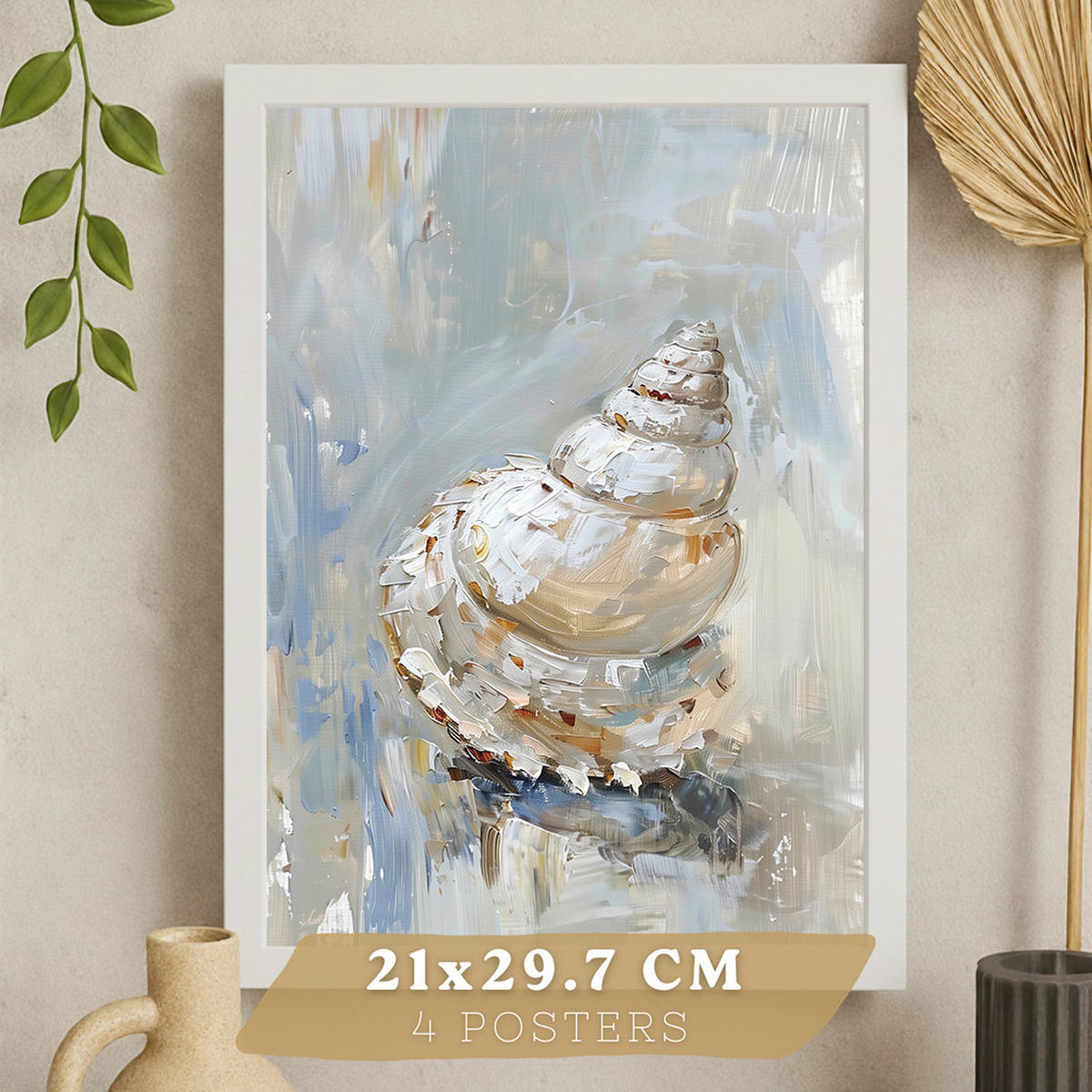 PLAKAT Sada 3 tisků s motivy pláže, moře a francouzské riviéry. Nástěnná dekorace. Mušle. Velikost Bílý rám A4 - bílá, papír (21/29.7/3cm) - Nacnic