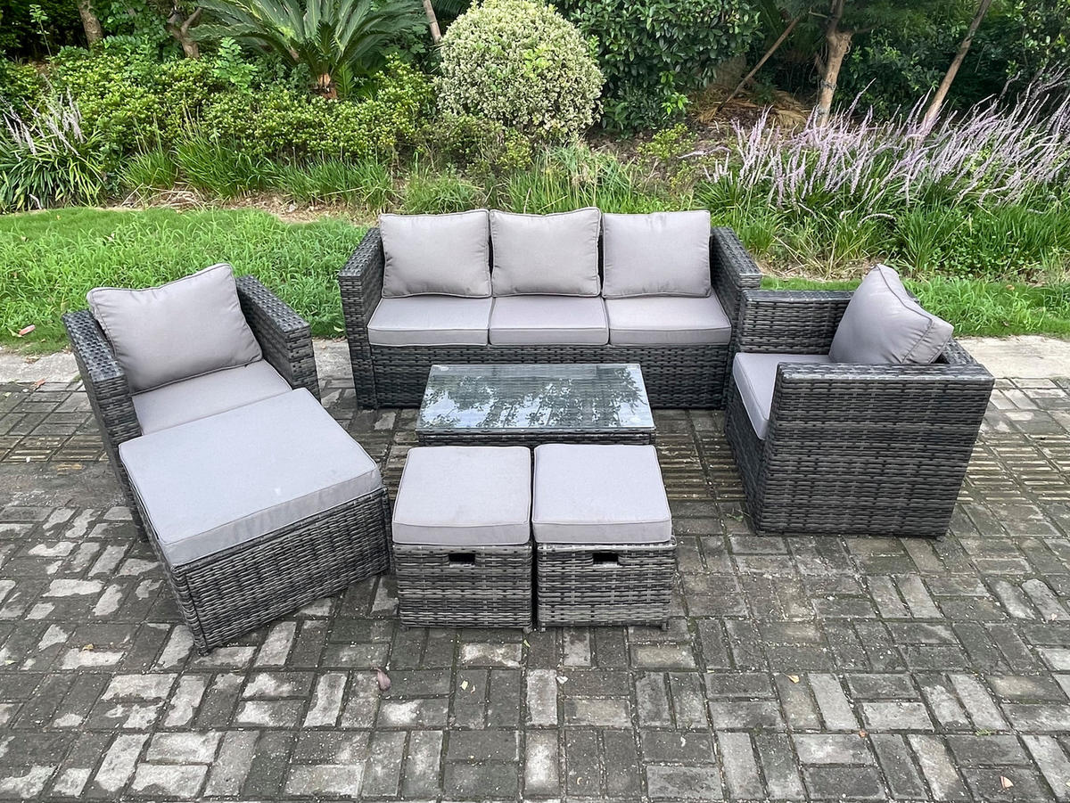 GARTENSOFA SET Polyrattan Dunkelgrau 8 Sitzer - Dunkelgrau, Metall - Fimous
