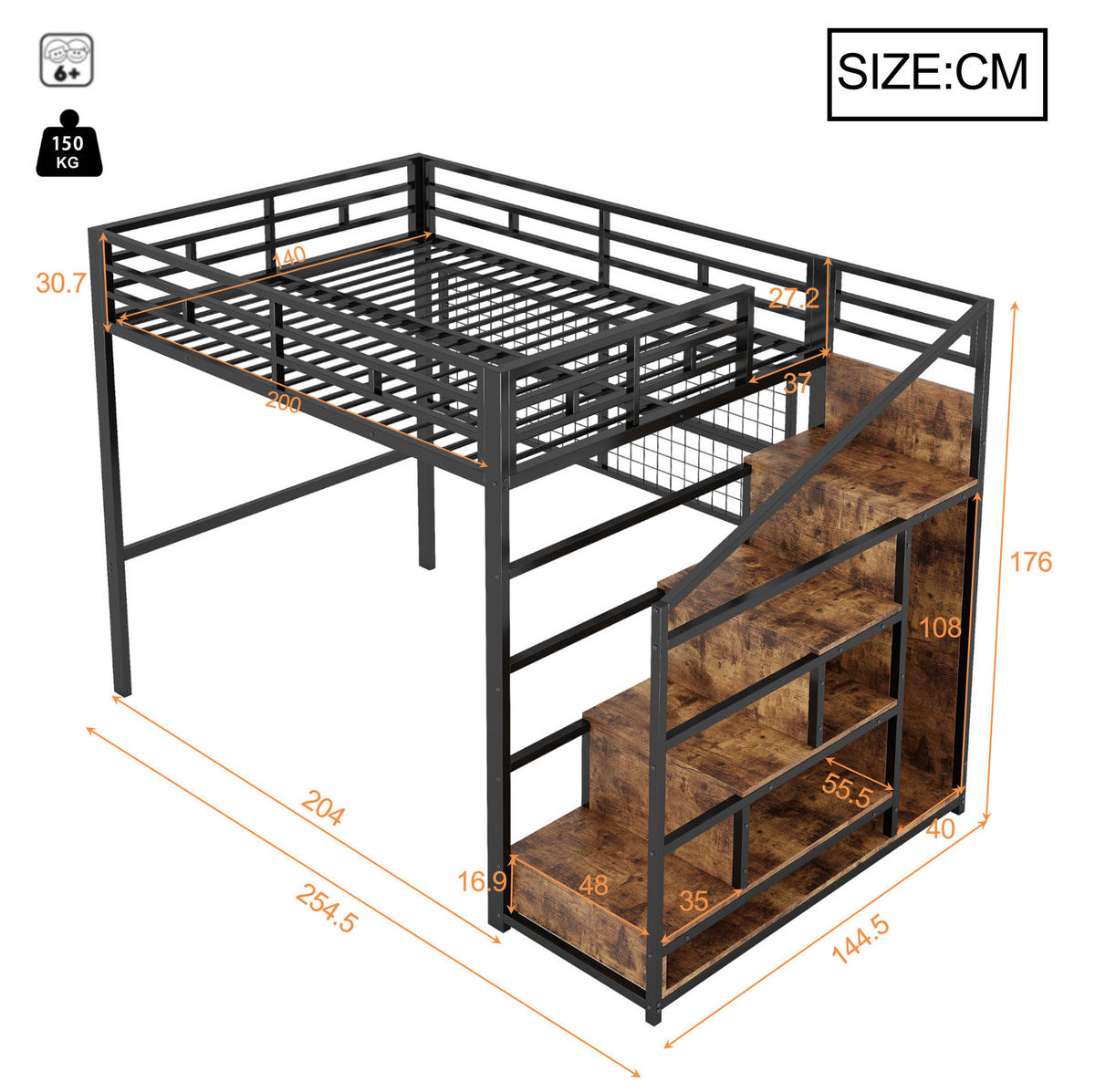 HOCHBETT 140/200 cm Schwarz aus Metall mit Stauraumleiter - Schwarz, Metall (140/200cm) - OKMYHOME