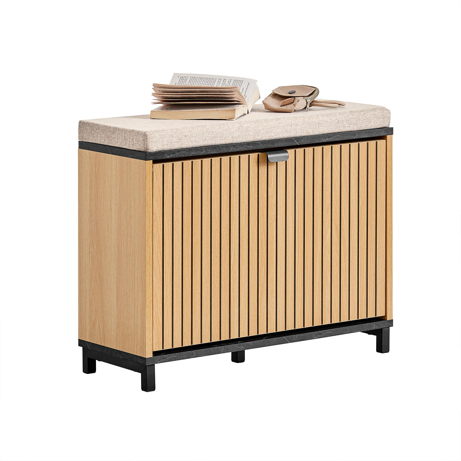 SCHUHBANK Holzoptik & Schwarz mit Marmor - Naturfarben, Holzwerkstoff (60/50/24cm) - SoBuy