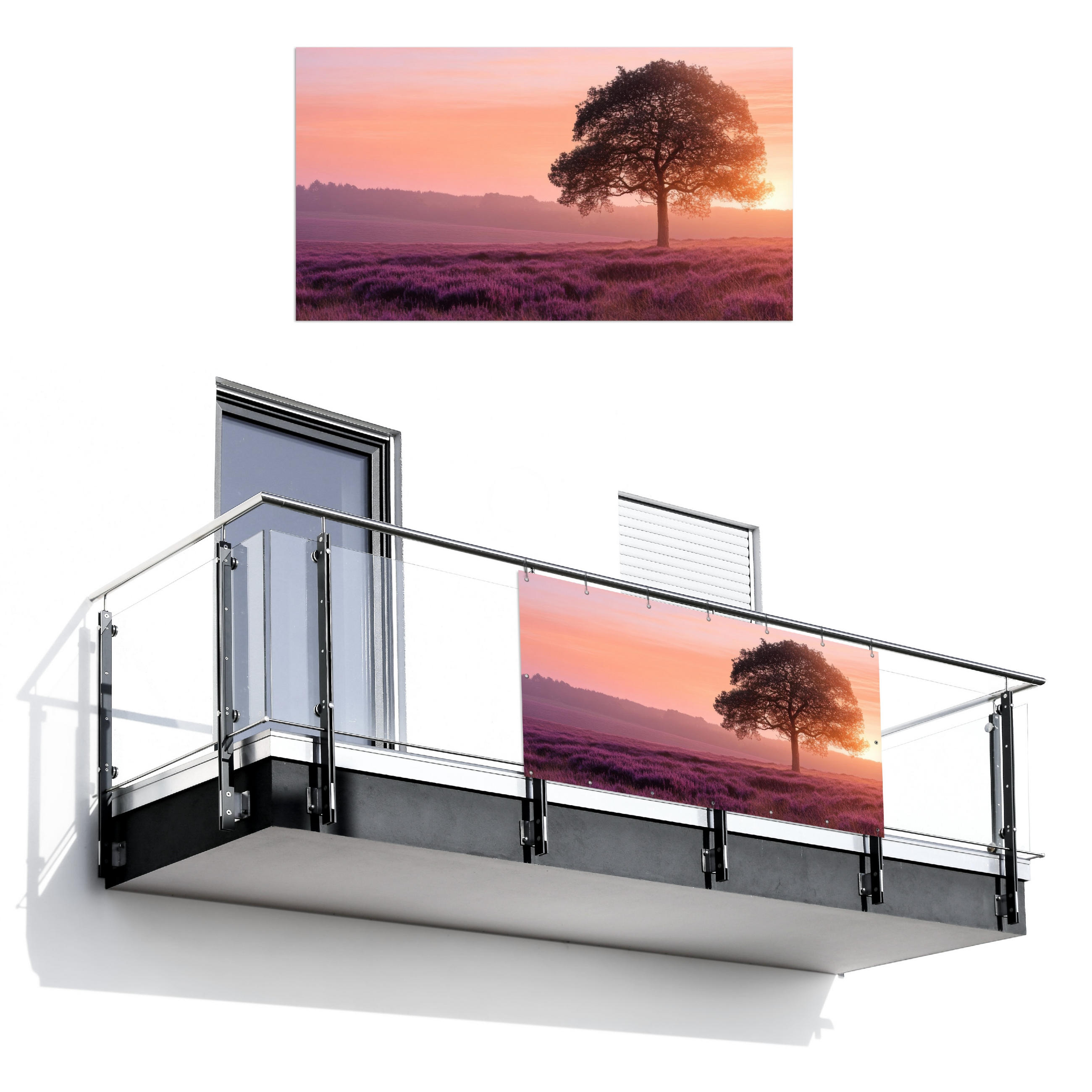 BALKON-SICHTSCHUTZ Baum - Heidekraut - Sonnenaufgang - Flieder, Kunststoff (200/110cm) - MuchoWow