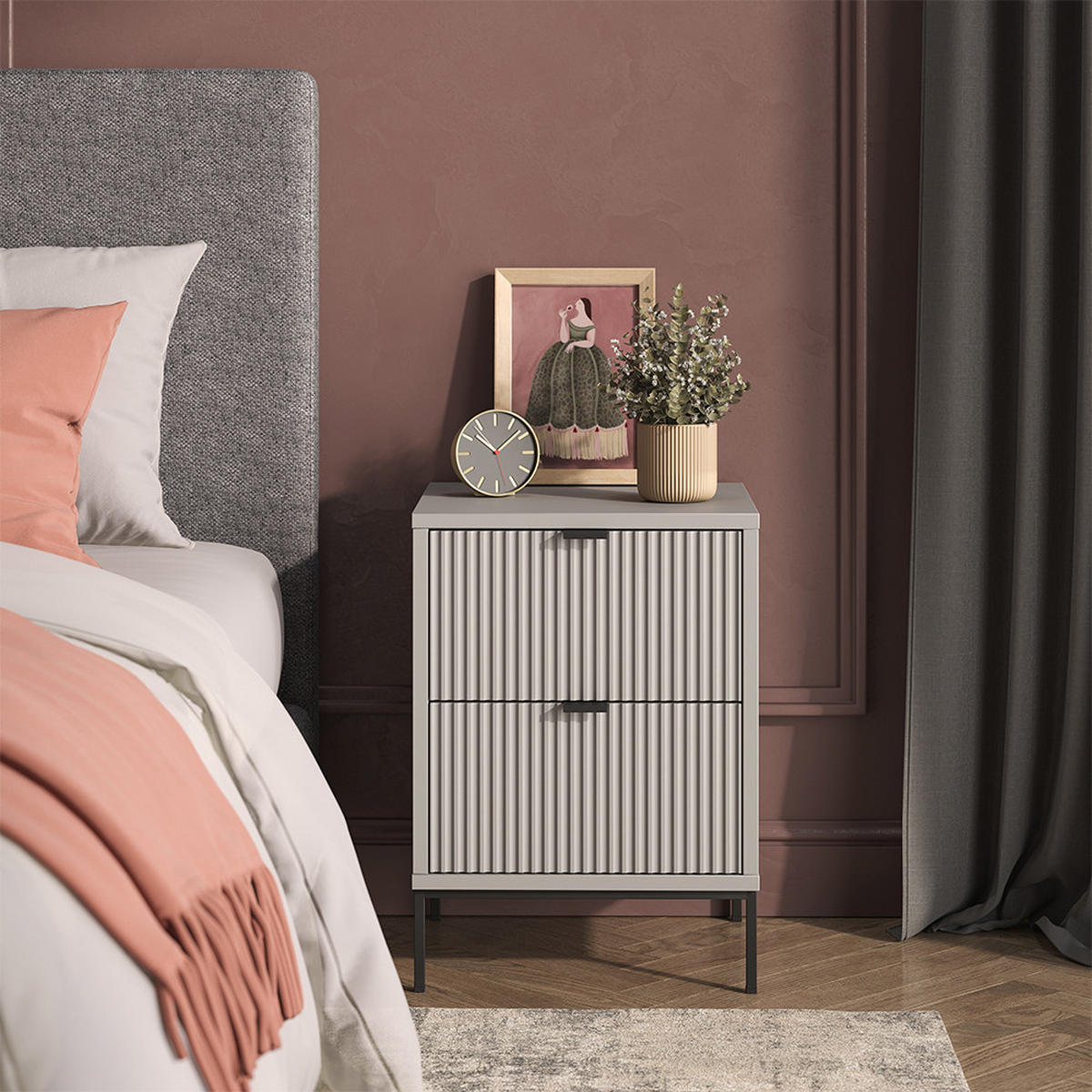 NACHTTISCH Eliza, Grau/Schwarz, 40 x 55.4 cm mit 2 Schubladen - Schwarz/Grau, Holzwerkstoff (40/55.4/38.1cm) - Vicco