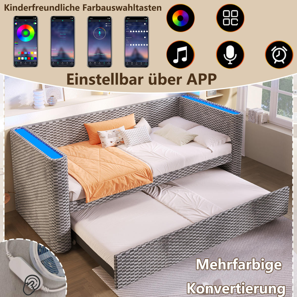 TAGEBETT 90x200cm + 180x200cm Grau Samt LED-Licht Ausziehbett - Grau, Holz (180/200cm) - FLIEKS