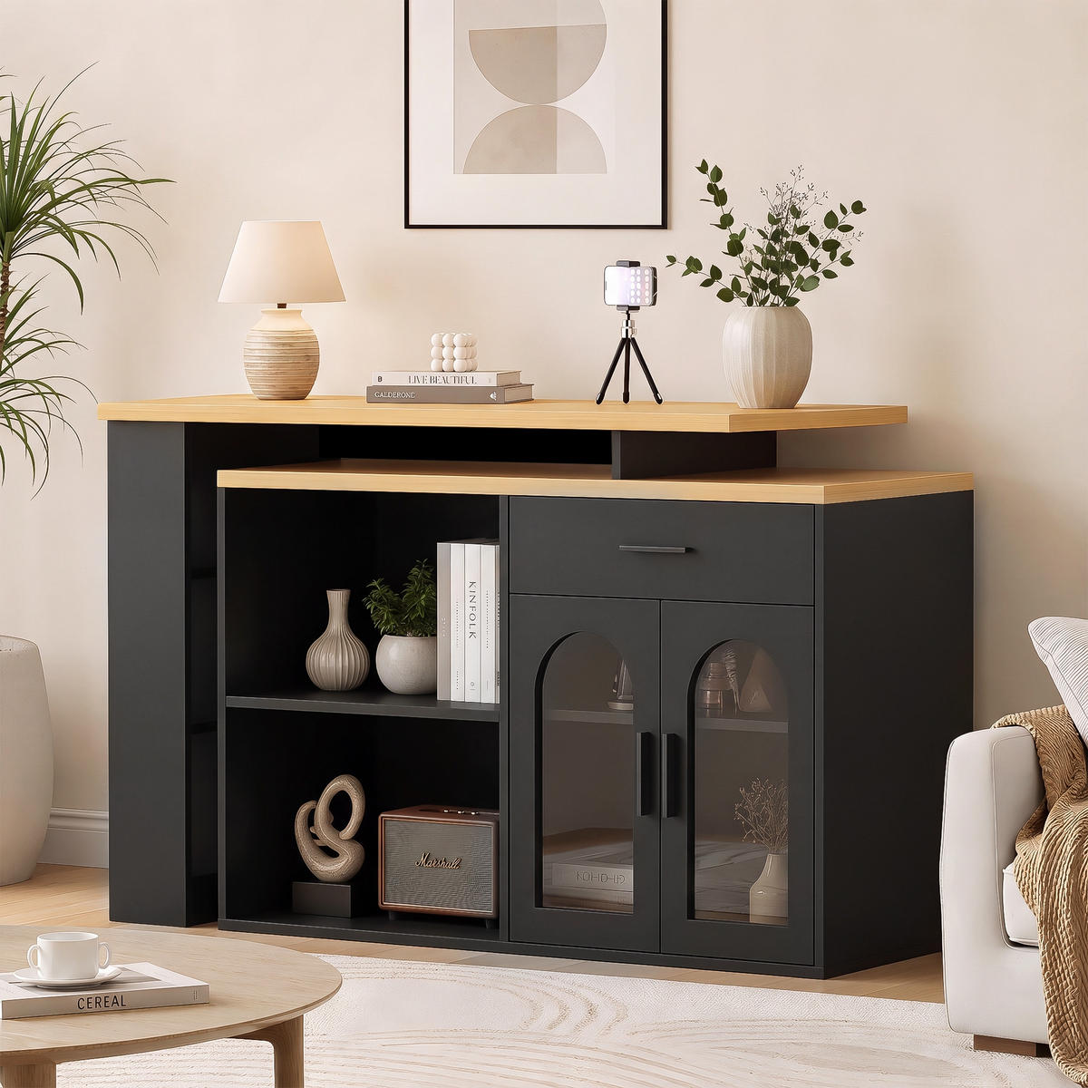KÜCHENINSEL 136/50/78 cm Schwarz mit 360° Drehtisch, 1 Schubladen und Stauraumschrank - Schwarz, Holz (50/78/136cm) - Oxeza