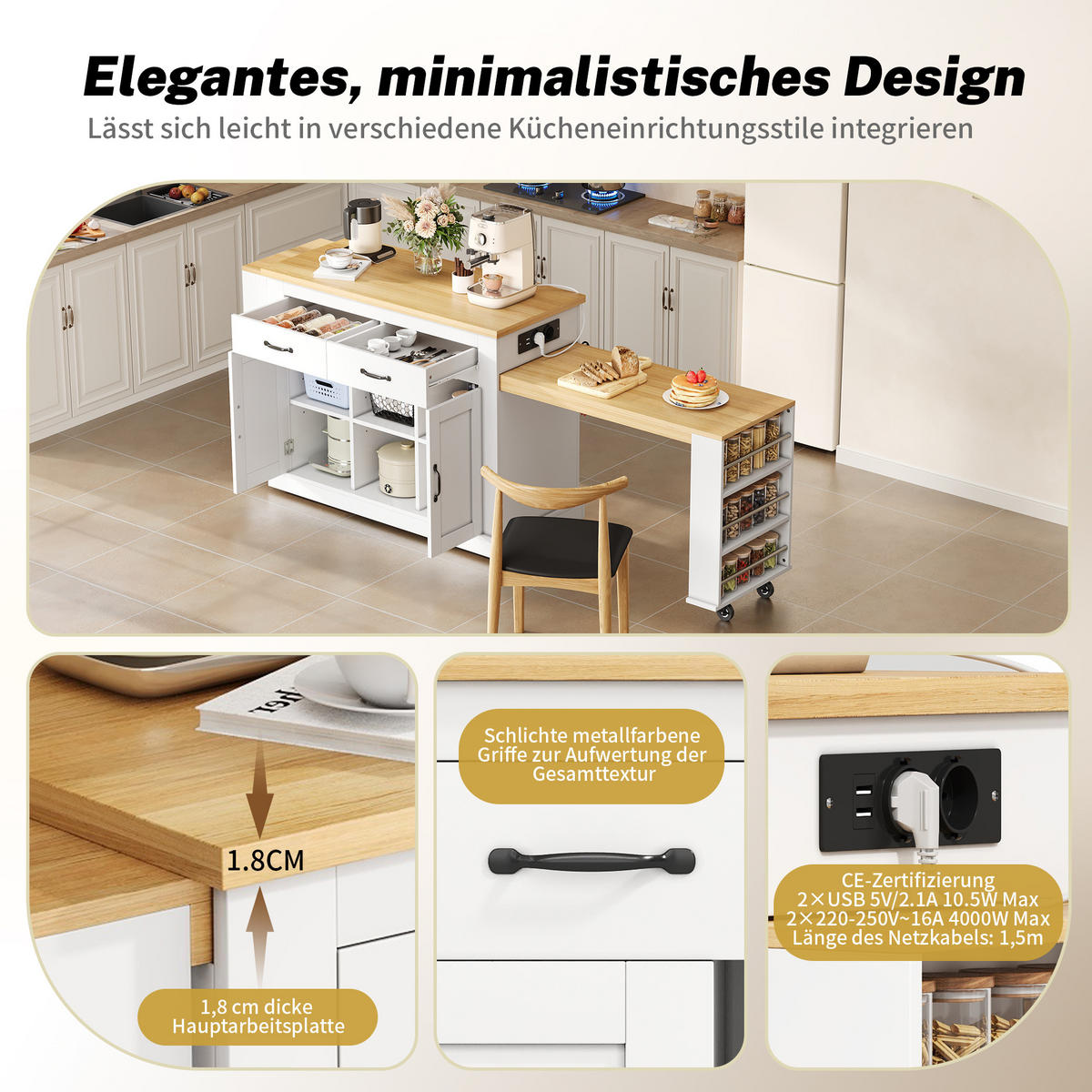 KÜCHENINSEL 142/55/93 cm weiß aus MDF mit Doppelauszug - Weiß, Holzwerkstoff (142/93/55cm) - OKWISH