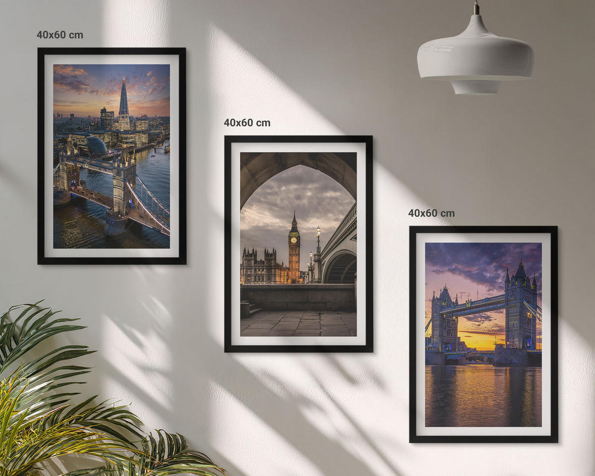 BILDER SET 3er Set - 40x60 cm Schwarzer Rahmen - Stadtbrücken, Uhrtürme - Schwarz, Kunststoff (40/60cm) - TULUP