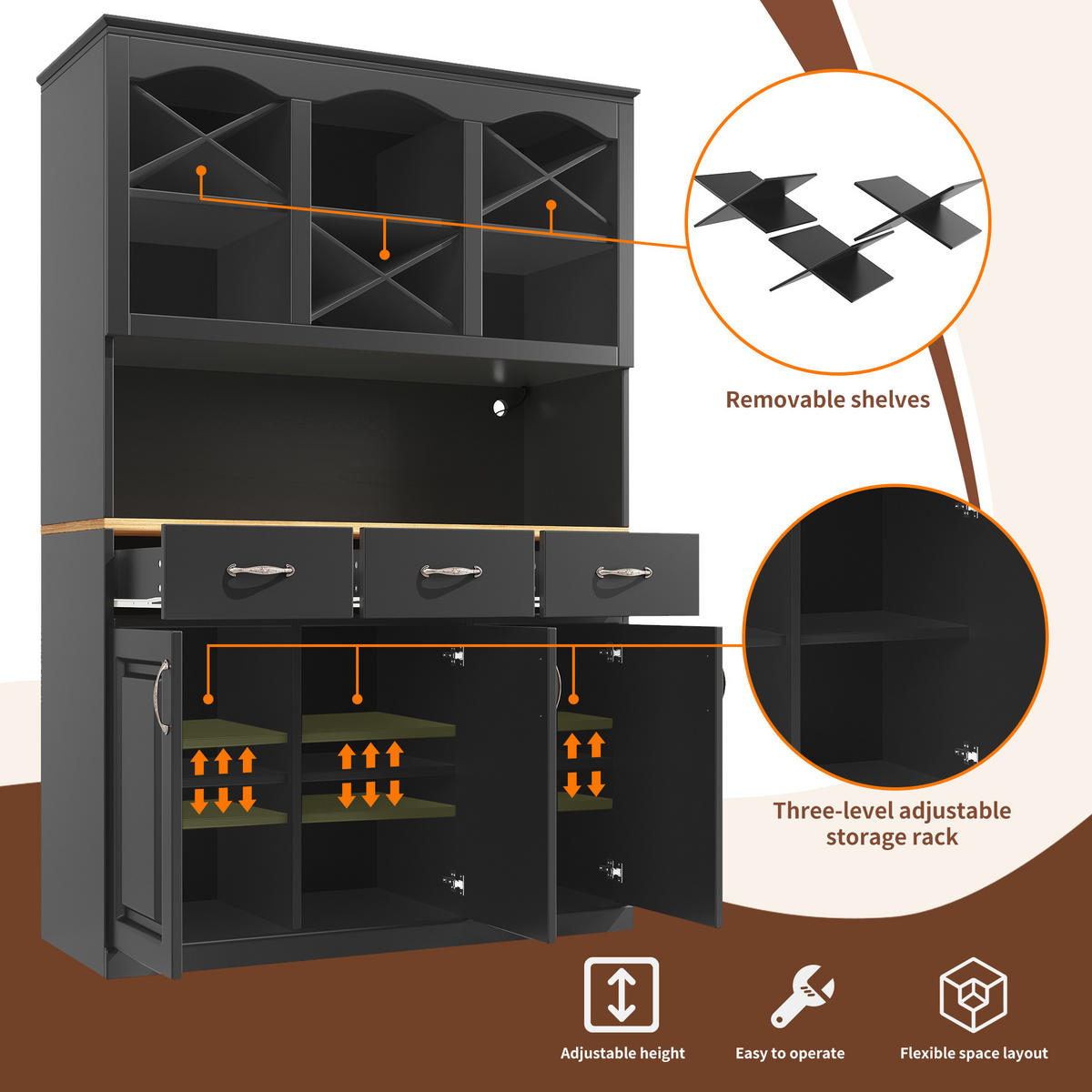 BUFFETSCHRANK Kombi Schwarz 120/40/180 cm - Schwarz, Holz (120/180/40cm) - PANGIVO