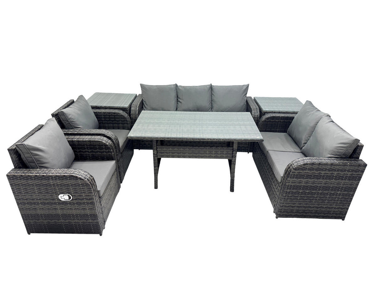 Gartenmöbelset mit Esstisch,3-Sitzer Sofa,Beistelltischen Polyrattan Dunkelgrau 7-Sitzer - Dunkelgrau/Grau, Glas/Kunststoff - Fimous