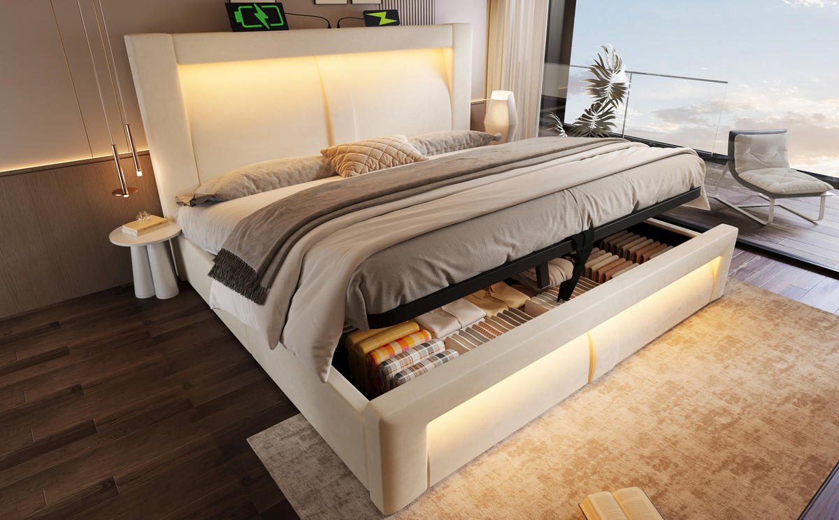 POLSTERBETT 140/200 cm in Beige Samt mit Bettkasten, LED, USB und Type-C - Beige, Holzwerkstoff/Textil (140/200cm) - STILVORA