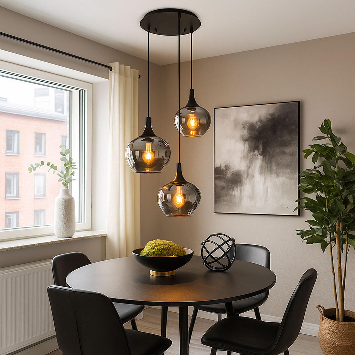 HÄNGELEUCHTE Metall Rauchfarben 3-flammig - Schwarz, Glas (48/48/120cm) - Globo Lighting