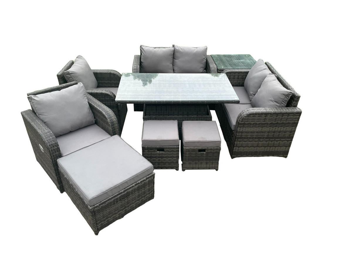GARTENSOFA SET Polyrattan Dunkelgrau 9-Sitzer - Dunkelgrau/Grau, Metall - Fimous