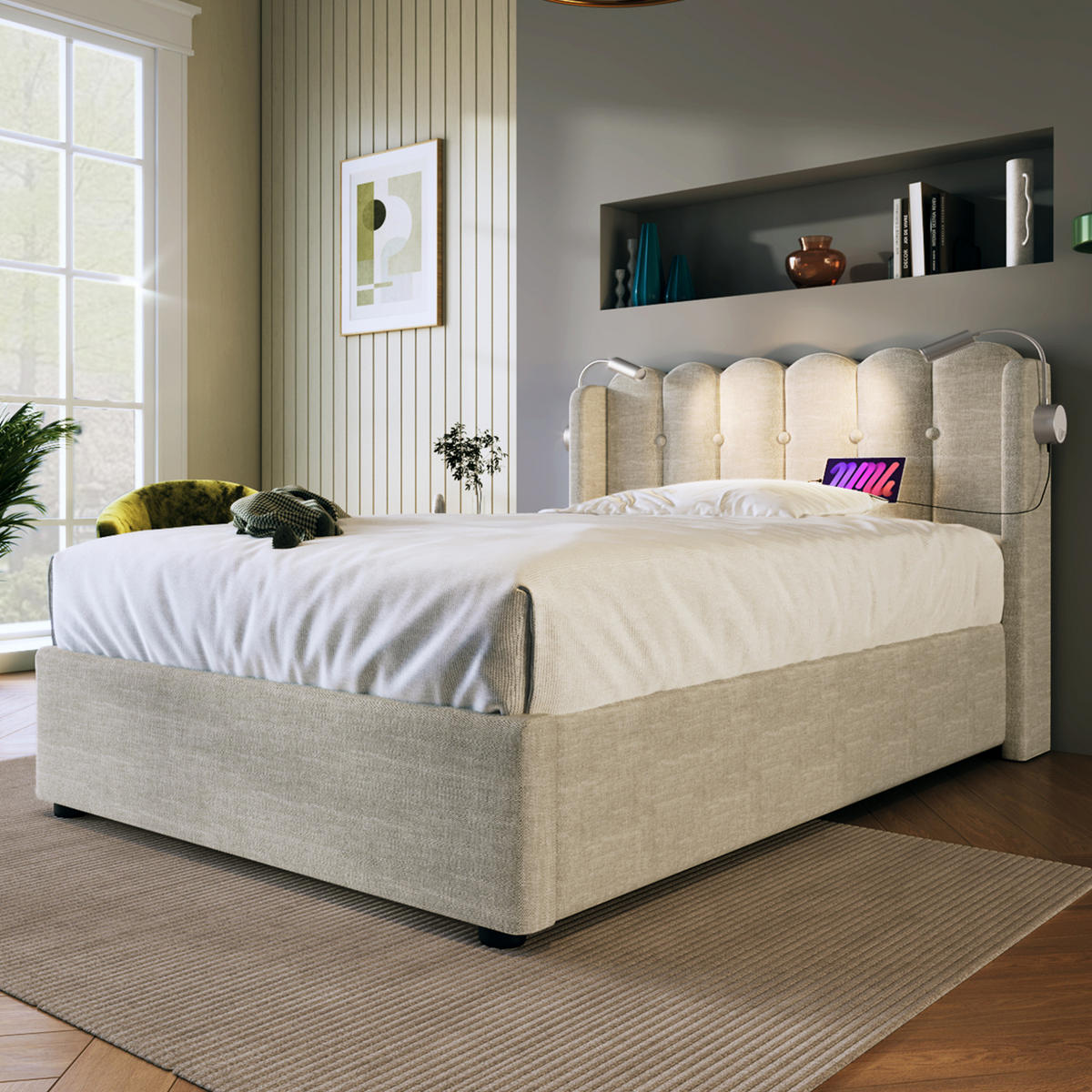 POLSTERBETT aus Leinen 90x200 cm Beige mit Bettkasten, Leselicht und USB-Anschluss - Beige, Textil (90/200cm) - IVMEU