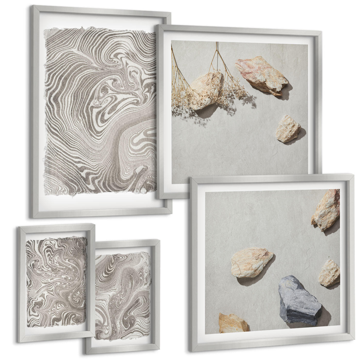 BILDER SET 5er Set - 50x50 cm & 20x30 cm & 40x60 cm Silberner Rahmen - Moderne abstrakte Formen - Silberfarben, Kunststoff (40/60cm) - TULUP