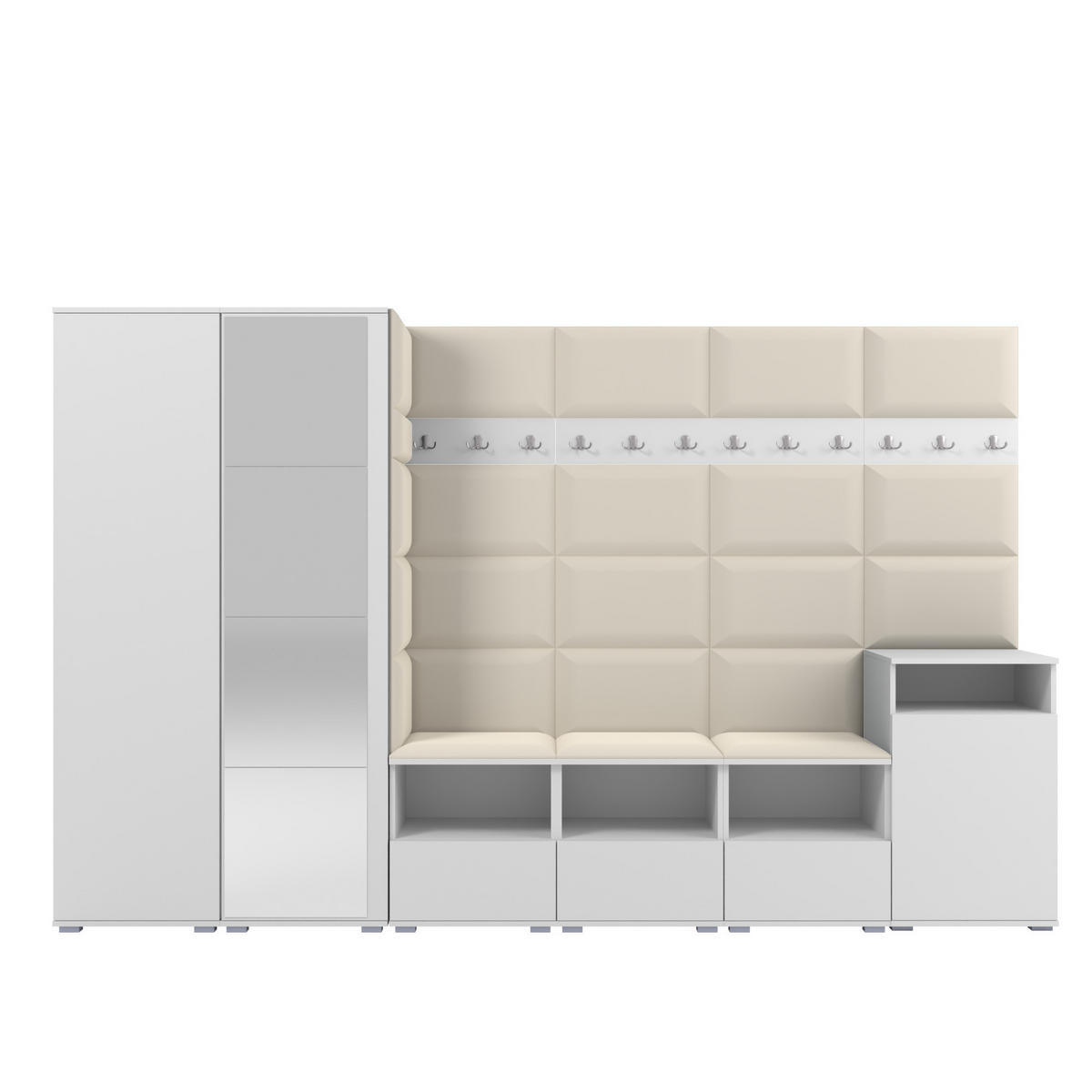 GARDEROBE NELA XII 300 cm (Modulare Flurmöbel Weiß mit Spiegel & Sitzpolster Creme 01 Gigantisches Set) - Silberfarben/Creme, Holz/Holzwerkstoff (300/187/40cm) - Ravio