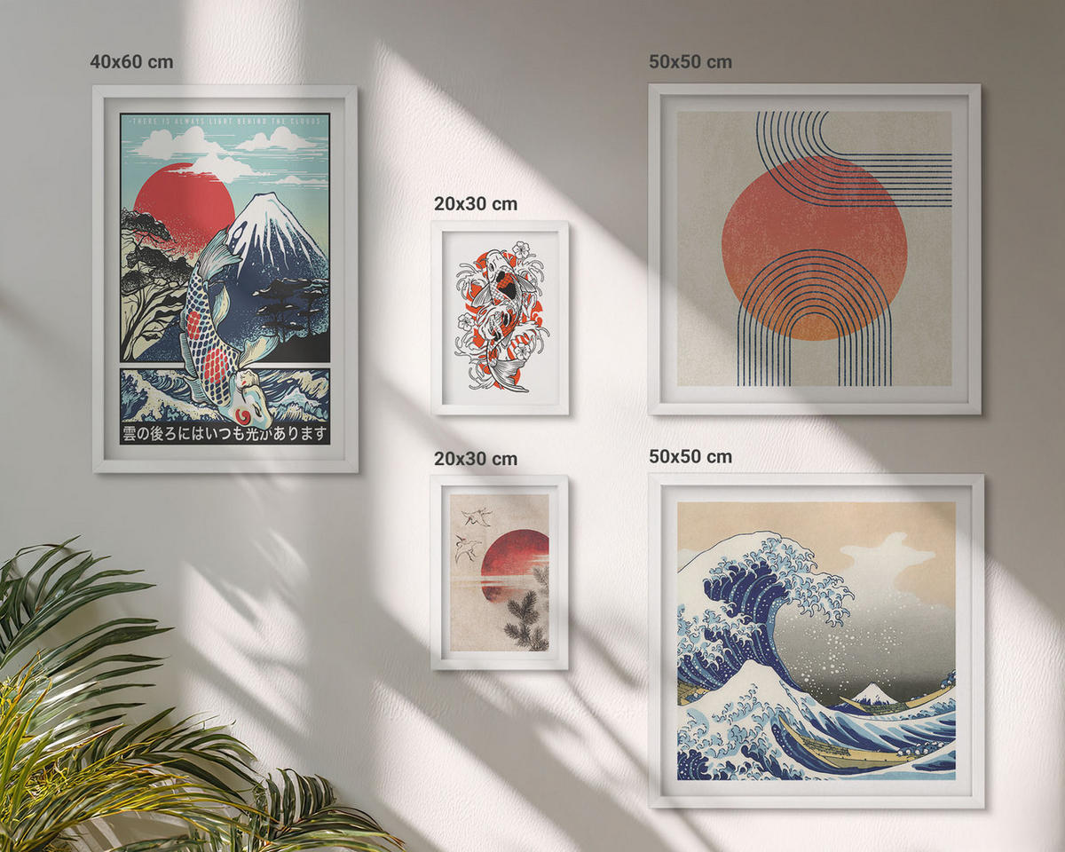 WANDBILDER 5er-Set - 50x50 cm & 20x30 cm & 40x60 cm Weißer Rahmen - Illustrationen von Fischbergen, die sich in Japan ausbreiten - Weiß, Kunststoff (40/60cm) - ArtPrintCave