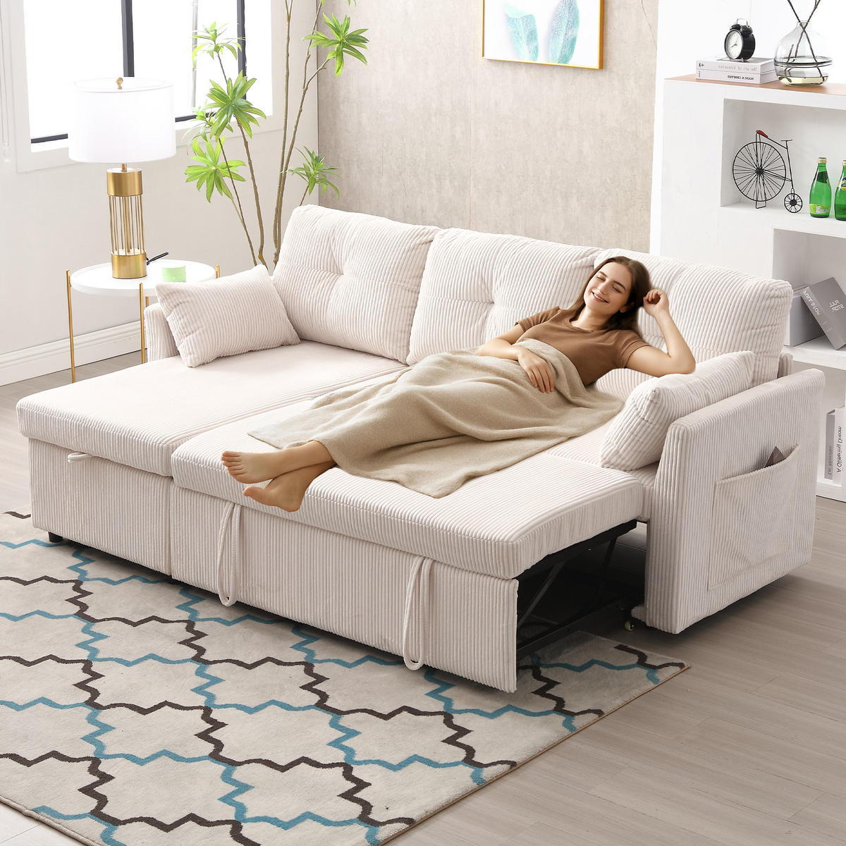ECKSOFA L-Form mit Schlaffunktion, Bettkasten/Seitentasche, Cord, Beige - Beige, Holz (206/108cm) - LVHOM