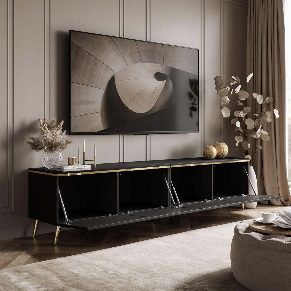 TV-SCHRANK CELINE 200 cm schwarz matt auf schräge goldenen Füßen - Schwarz, Holzwerkstoff (200/49/40cm) - Lookway