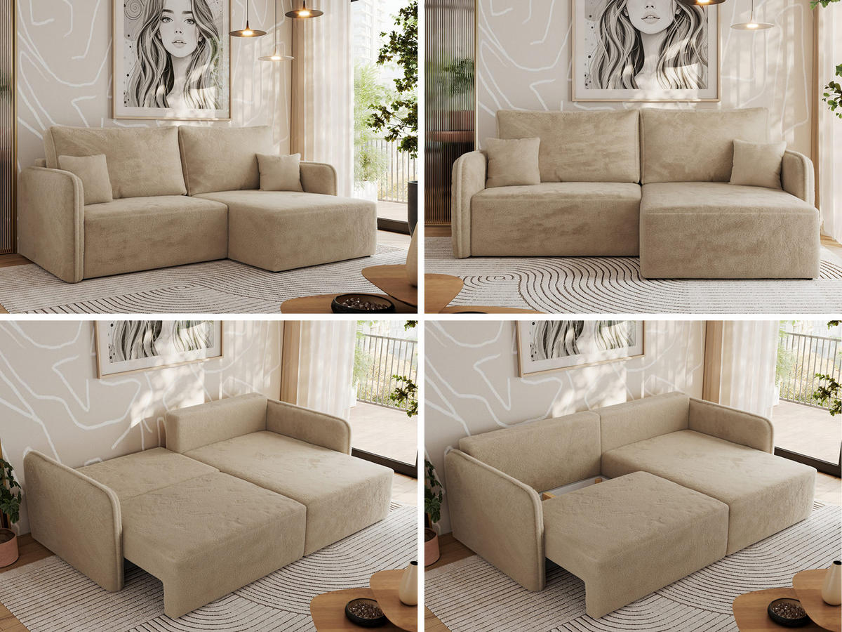 ECKSCHLAFSOFA MESTO L Beige Plüsch - rechts - Beige/Schwarz, Kunststoff/Textil (147/227cm) - MKS