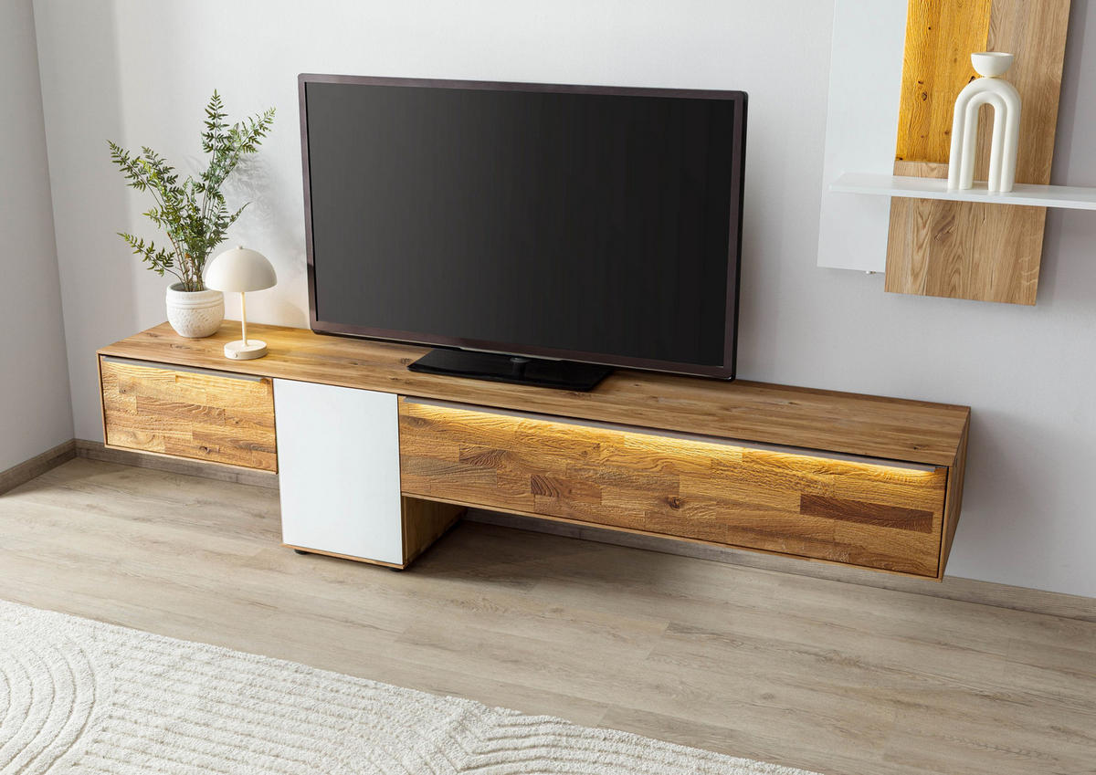 LOWBOARD Wildeiche 240x43x55 natur geölt / Glas weiß WIEN #108 - Naturfarben/Weiß, Holz (240/55/43cm) - Massivmoebel24