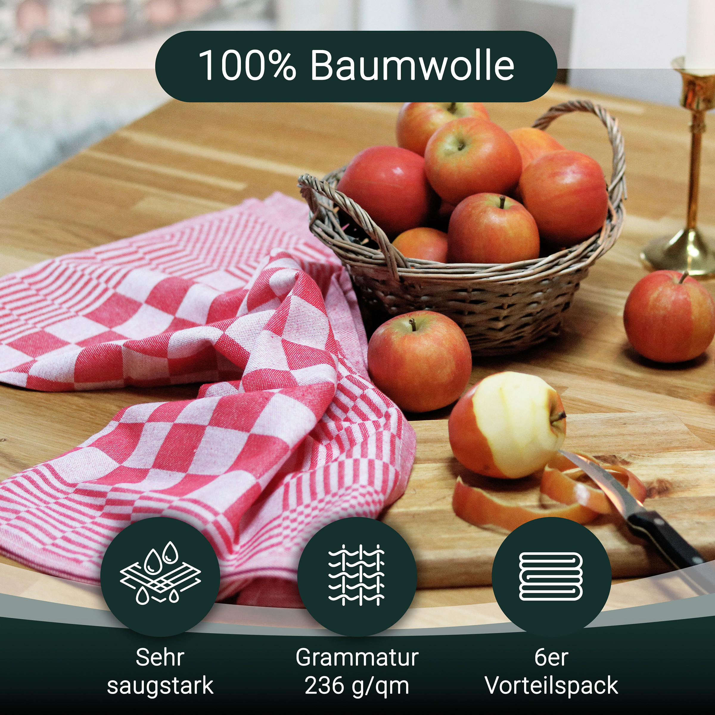 GESCHIRRTÜCHER, 6er-Set, 65x65 cm, 100% Baumwolle, Rot - Rot, Textil (65/65cm) - Zollner