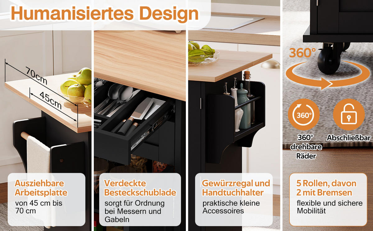 KÜCHENINSEL Mobile AUSZIEHBARE ARBEITSPLATTE, VERDECKTE BESTECKSCHUBLADE, Holzoptik, für Küche und Esszimmer, 136/70/92 cm - Schwarz, Kunststoff (70/92/136cm) - Rolipo