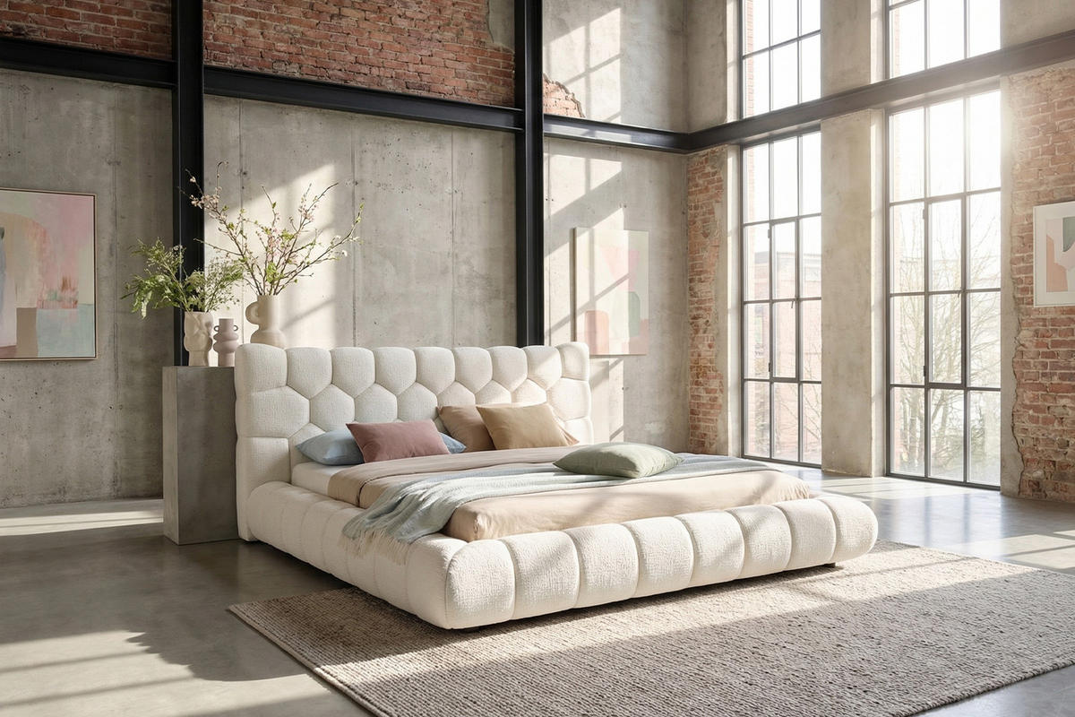 POLSTERBETT ATTICO Cremeweiß Bouclé - Creme, Textil (180/200cm) - KAWOLA