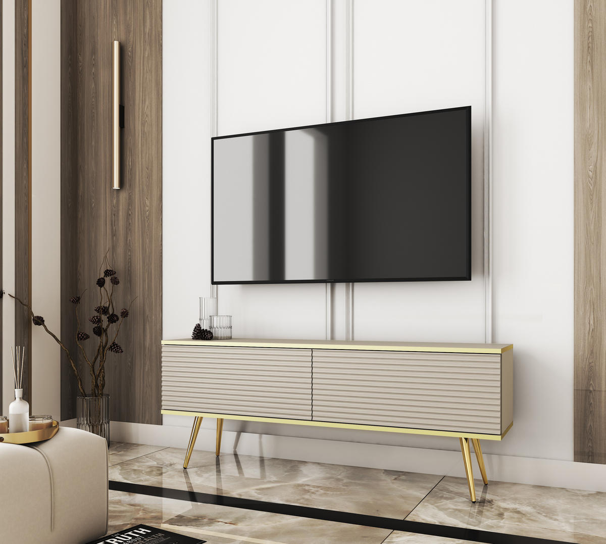 LOWBOARD TV BANFF RTV7-2D Goldene Metallbeine, geriffelte Fronten, Beige - Beige, Holzwerkstoff/Kunststoff (135/53/32cm) - Komodee