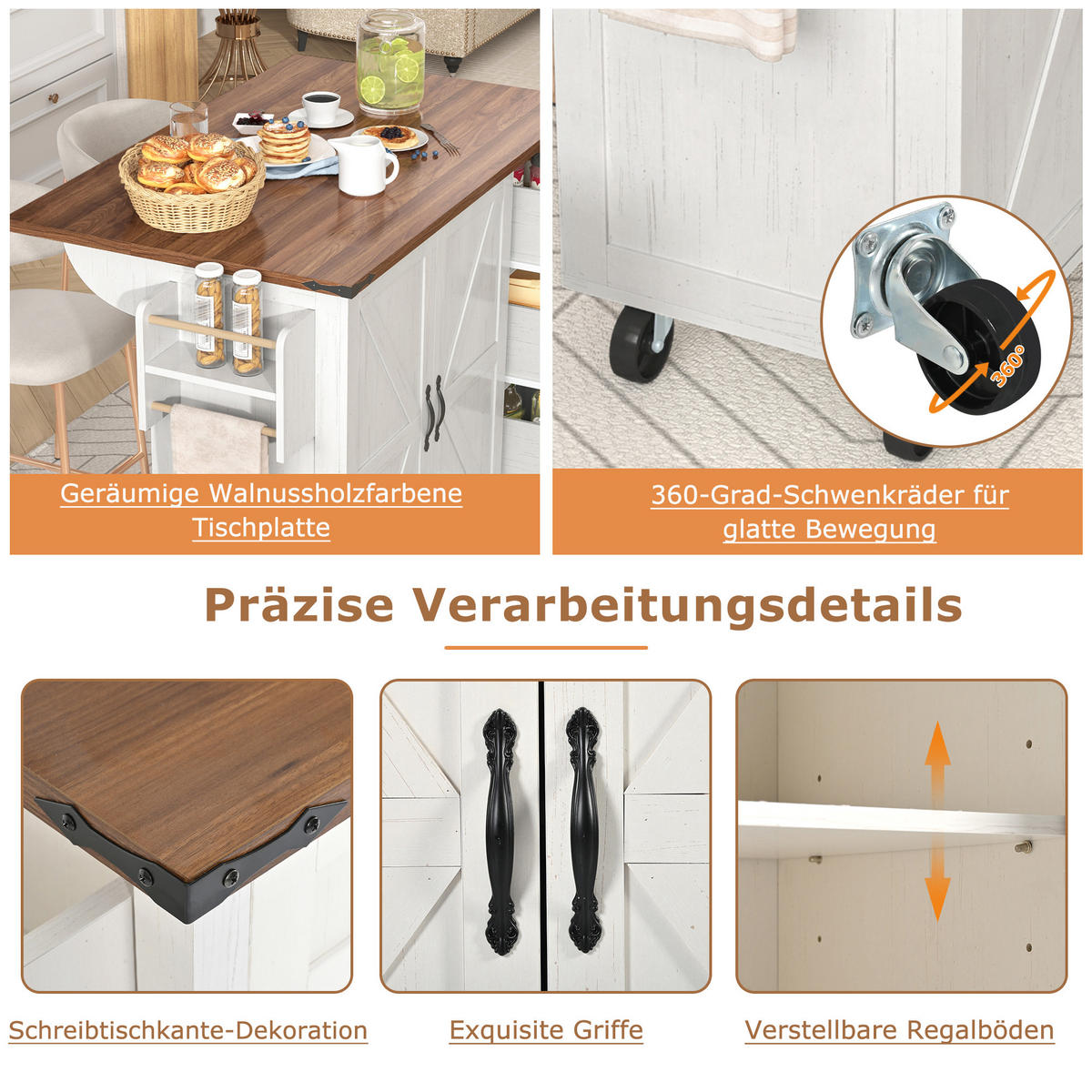KÜCHENINSEL 140/73/92,5 cm Weiß mit Klappplatte, 3 Schubladen, 2 Türen und Rollen - Beige, Holz/Holzwerkstoff (140/92.5/45cm) - Oxeza